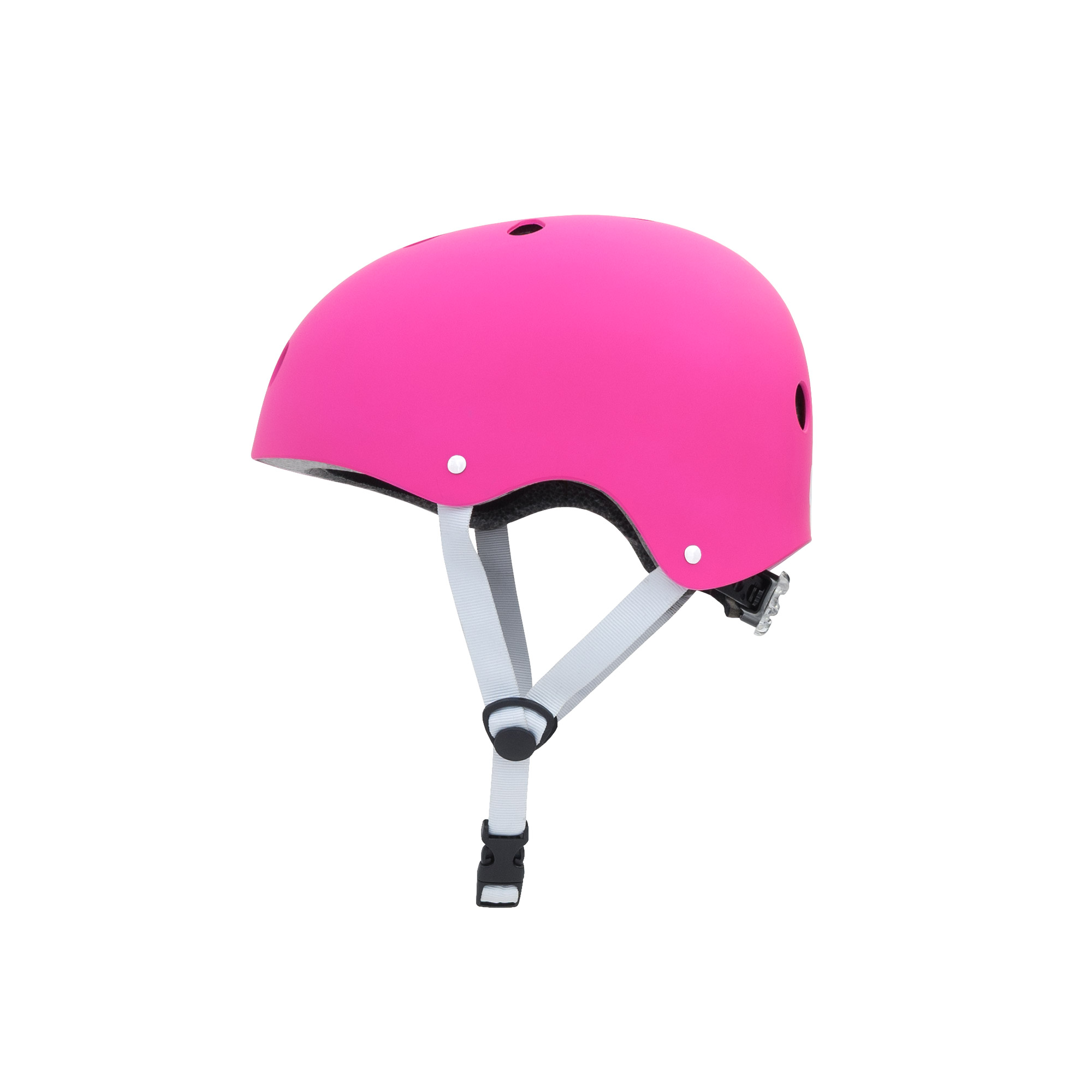 Un casco de bicicleta rosa con correas blancas y una hebilla negra.