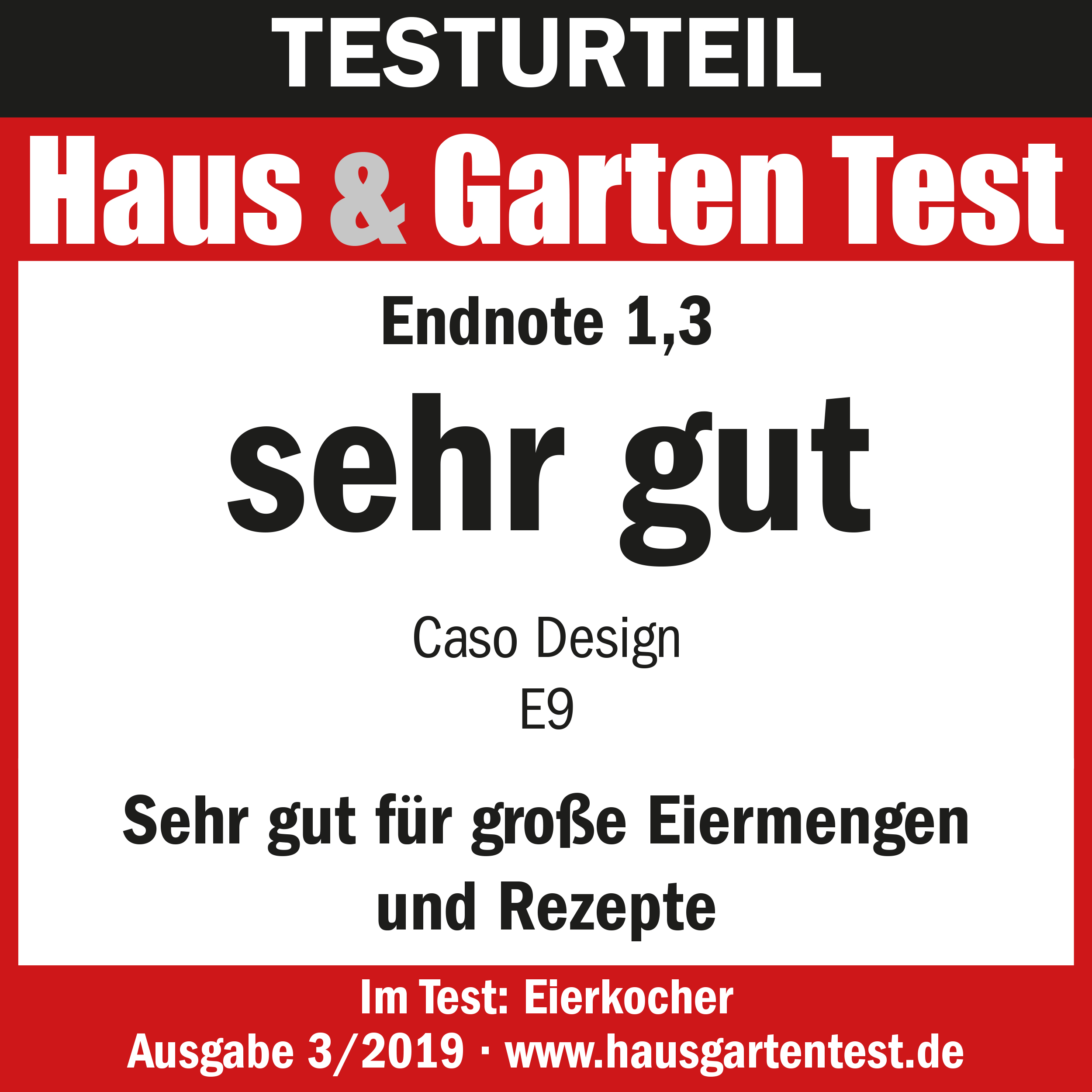 Ein rotes Banner mit weißem Text kündigt ein Testergebnis an: 'sehr gut' für einen Eierkocher.