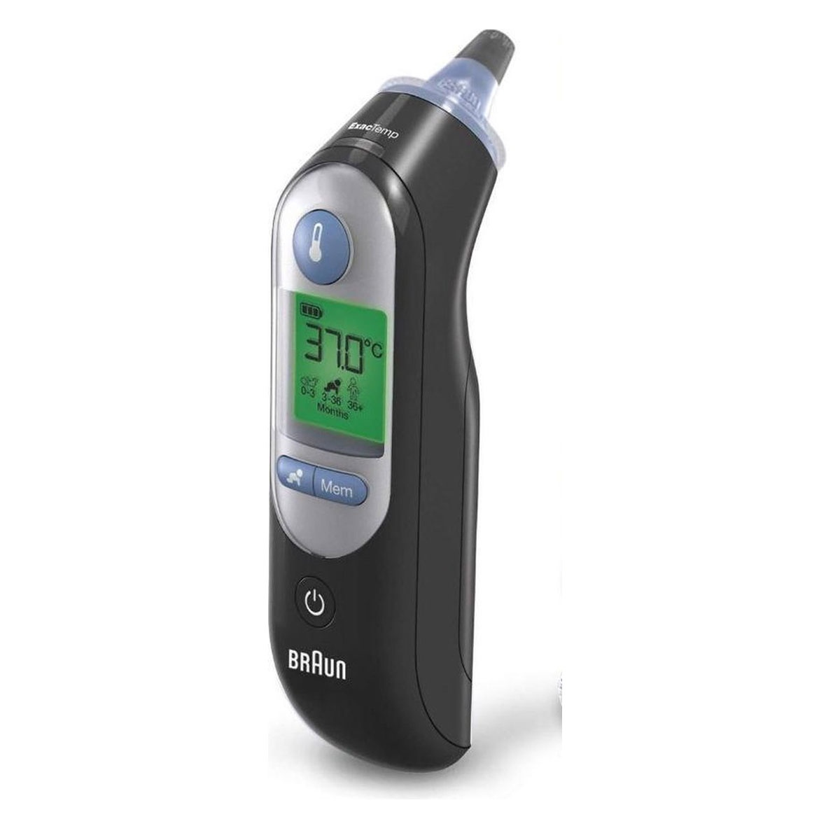 Termometro auricolare digitale nero e grigio con schermo LCD che mostra la temperatura.