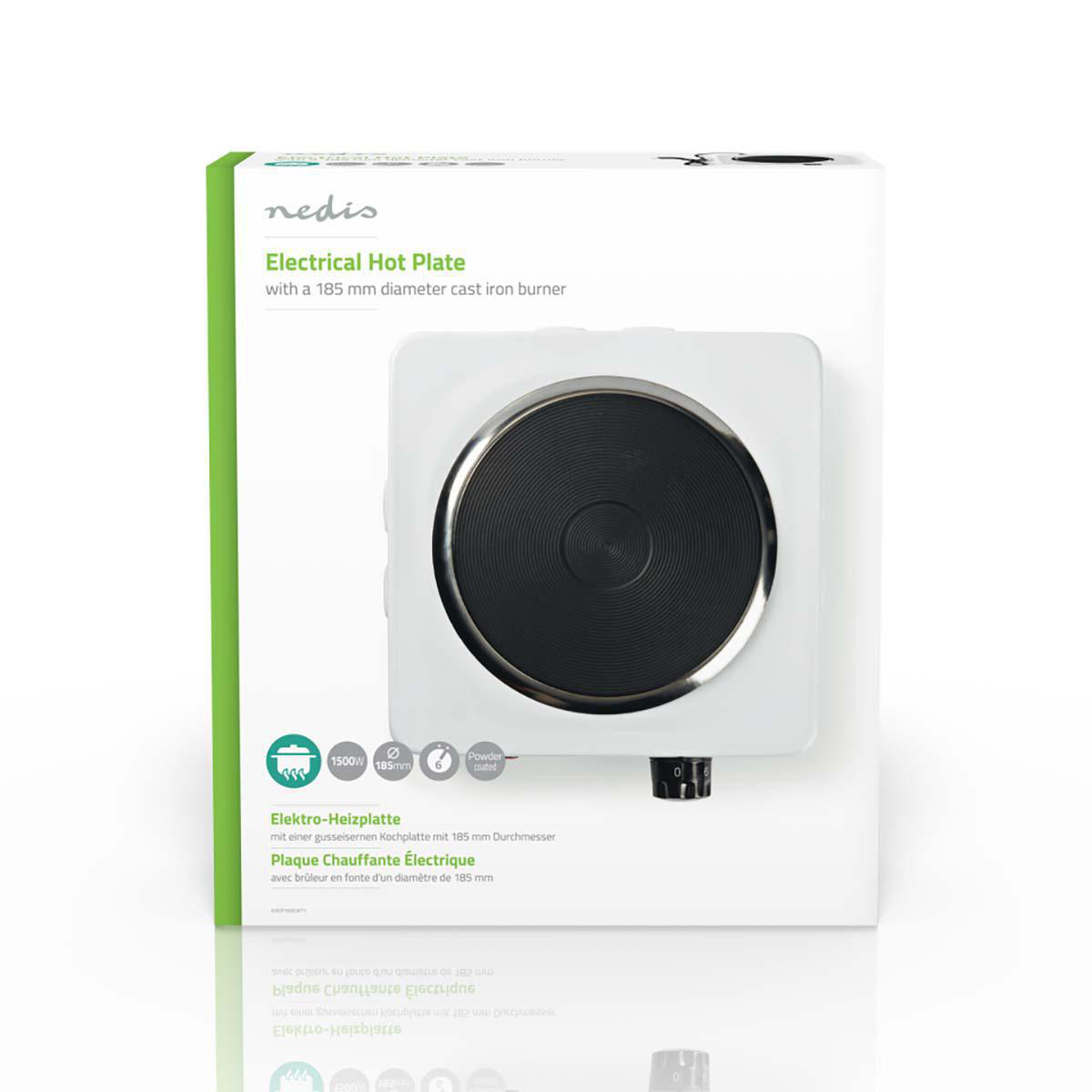 Biała elektryczna płyta grzejna w pudełku, czarny palnik, tekst.