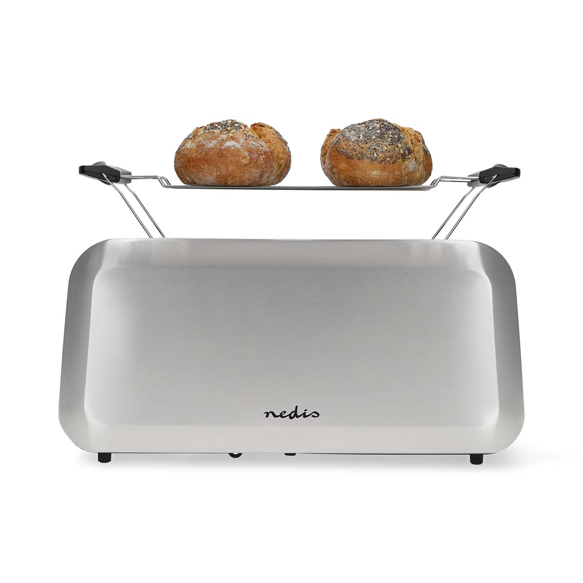 Silver toaster with two baked bread rolls on top.
