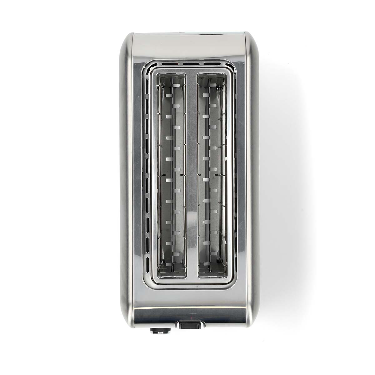 A silver toaster on a white background. It has two slots for bread.