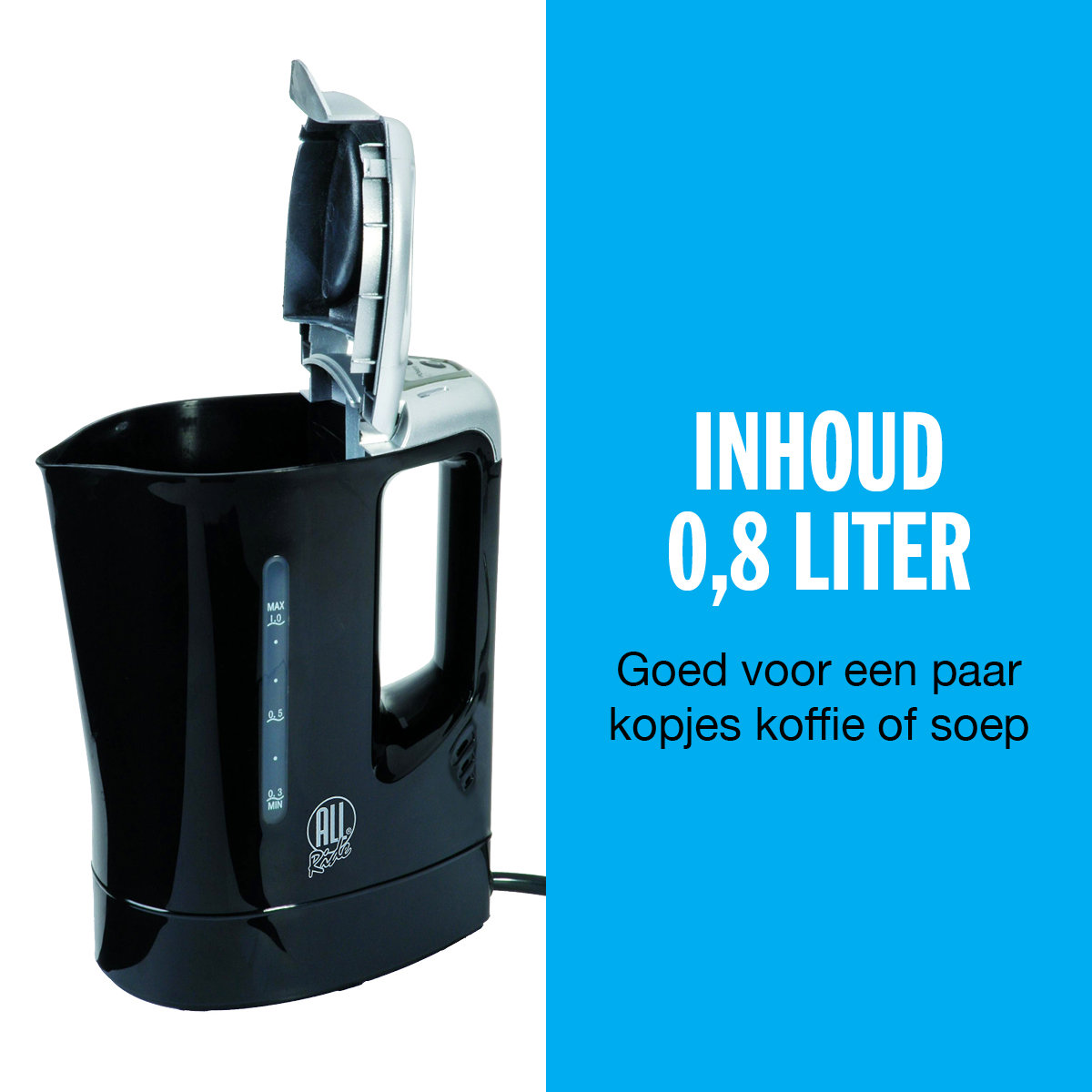 Een zwarte waterkoker met open deksel, 0,8 liter inhoud.