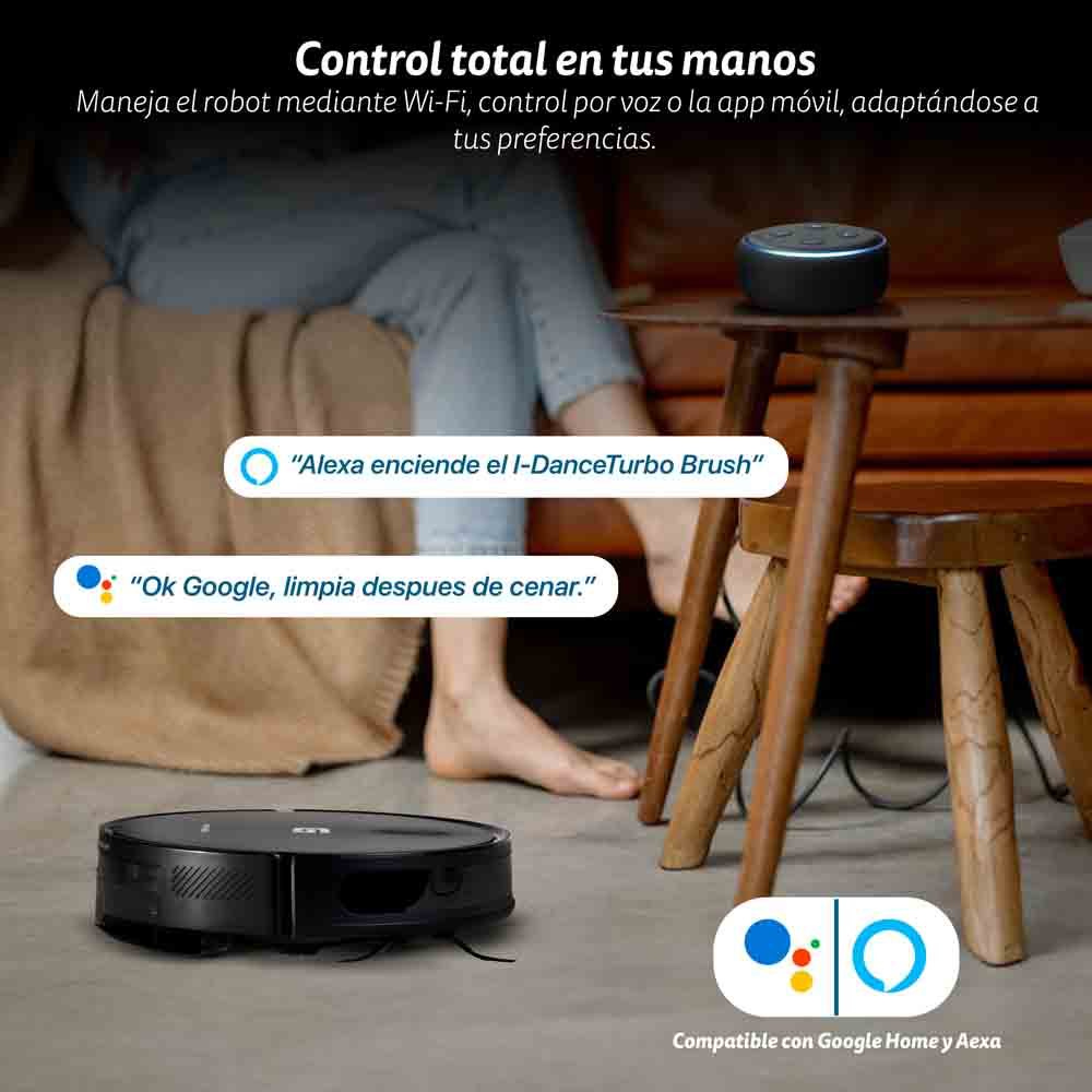 Un robot aspirador en un suelo de madera con un altavoz Alexa y texto sobre control por voz.