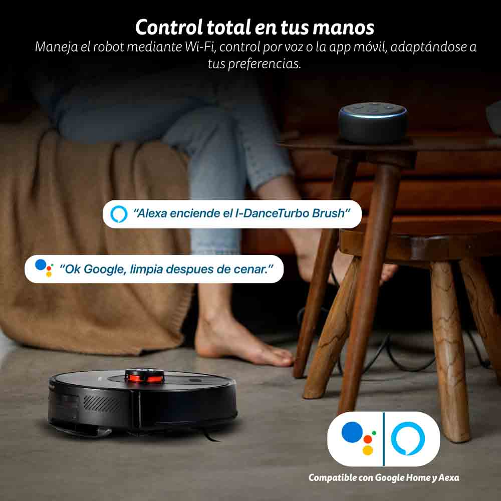 Un robot aspirapolvere su un pavimento in legno. Un telecomando e uno sgabello sono sullo sfondo.