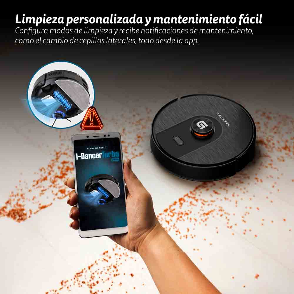 Robot aspirapolvere su pavimento in legno. Telefono con app mostra le impostazioni di pulizia. Testo: Facile manutenzione.