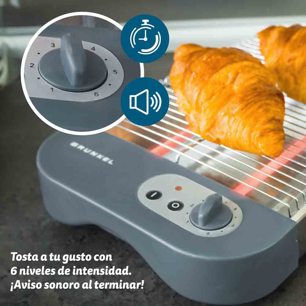 Tostapane con croissant. Manopole e pulsanti. Superficie grigia.