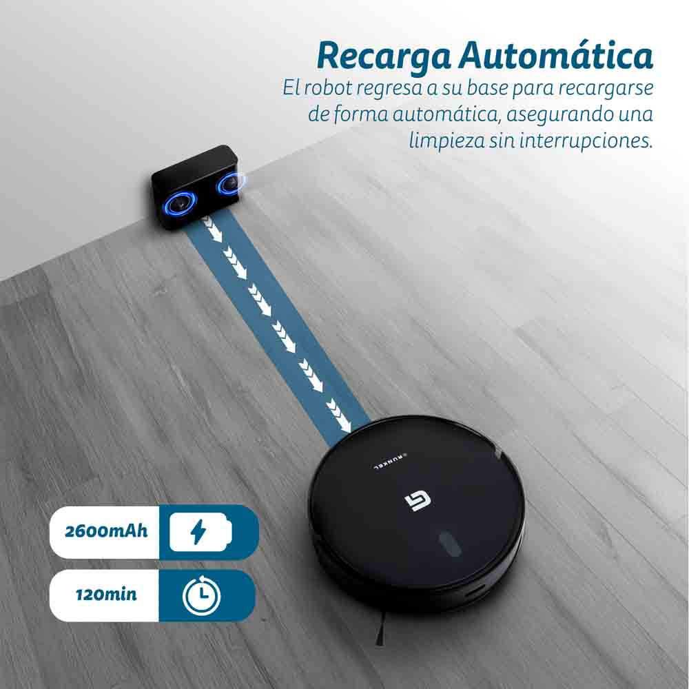 Robot aspirador limpiando un suelo de madera. Base de carga y ruta de flechas. Batería 2600mAh, 120min tiempo.