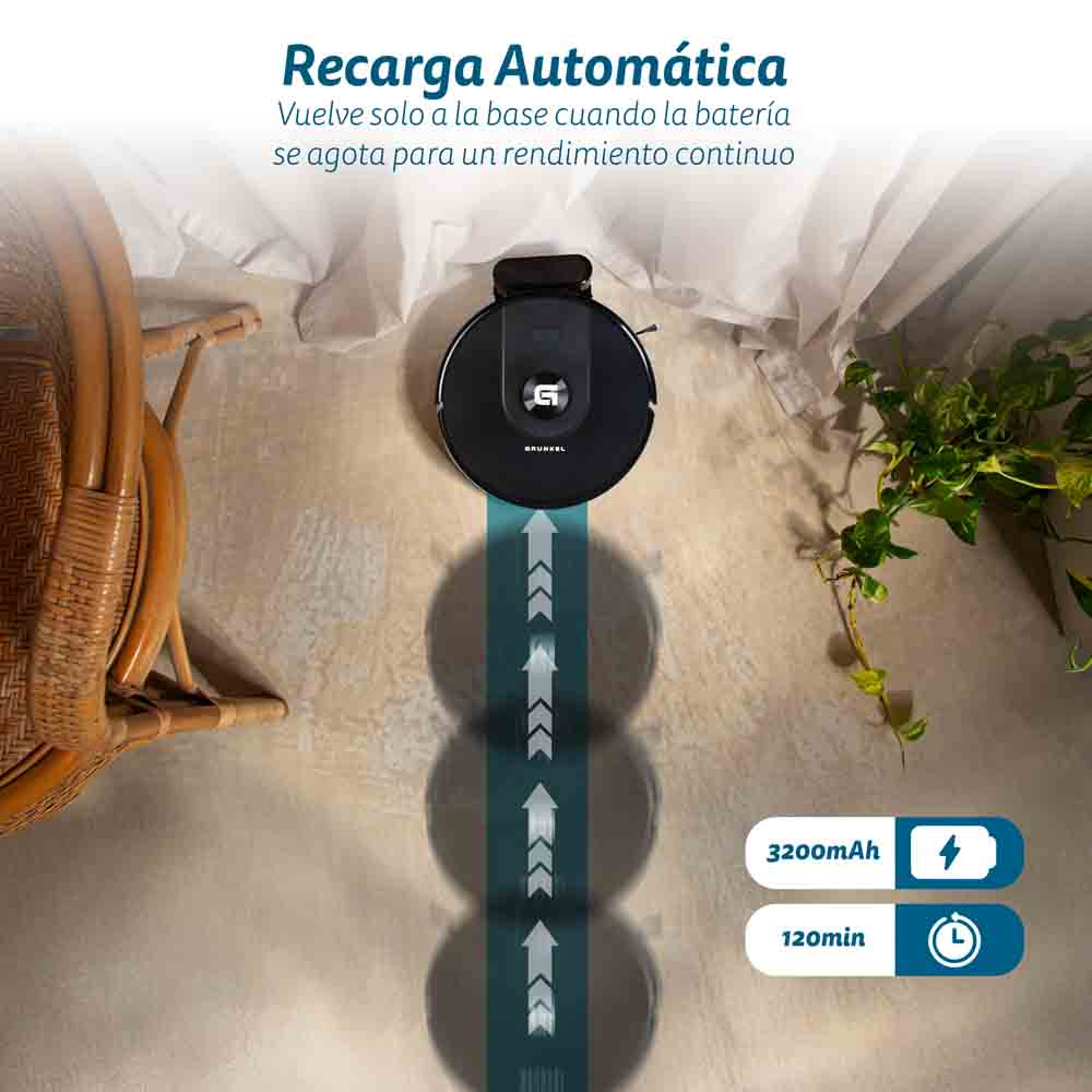 Un robot aspirapolvere sul pavimento, che mostra il suo percorso di pulizia e le informazioni di ricarica.