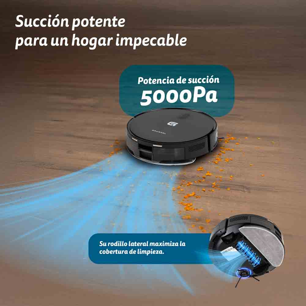 Un robot aspirapolvere pulisce un pavimento in legno. Il testo menziona 5000Pa.