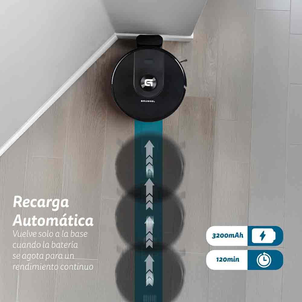 Un robot aspirador negro en un suelo de madera. El aspirador está en proceso de recarga.