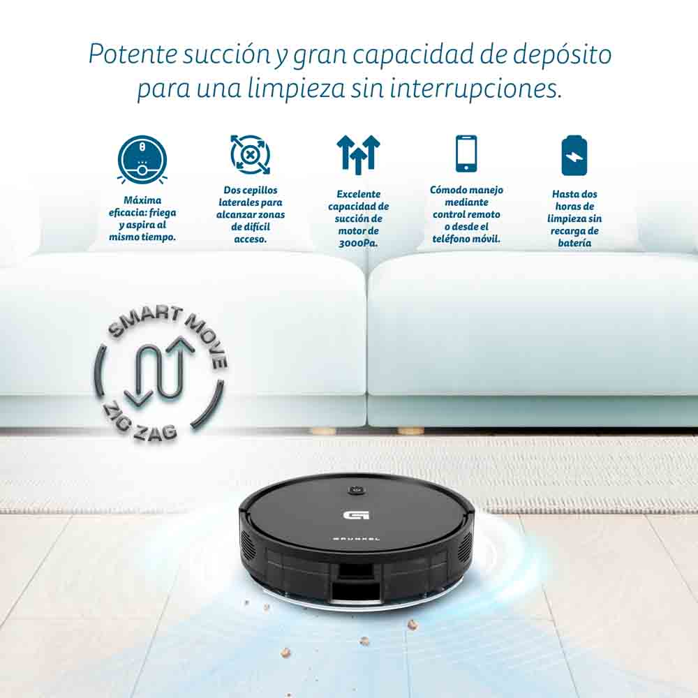 Una aspiradora robot negra sobre una superficie blanca. Tiene forma redonda con cepillos y una pantalla.
