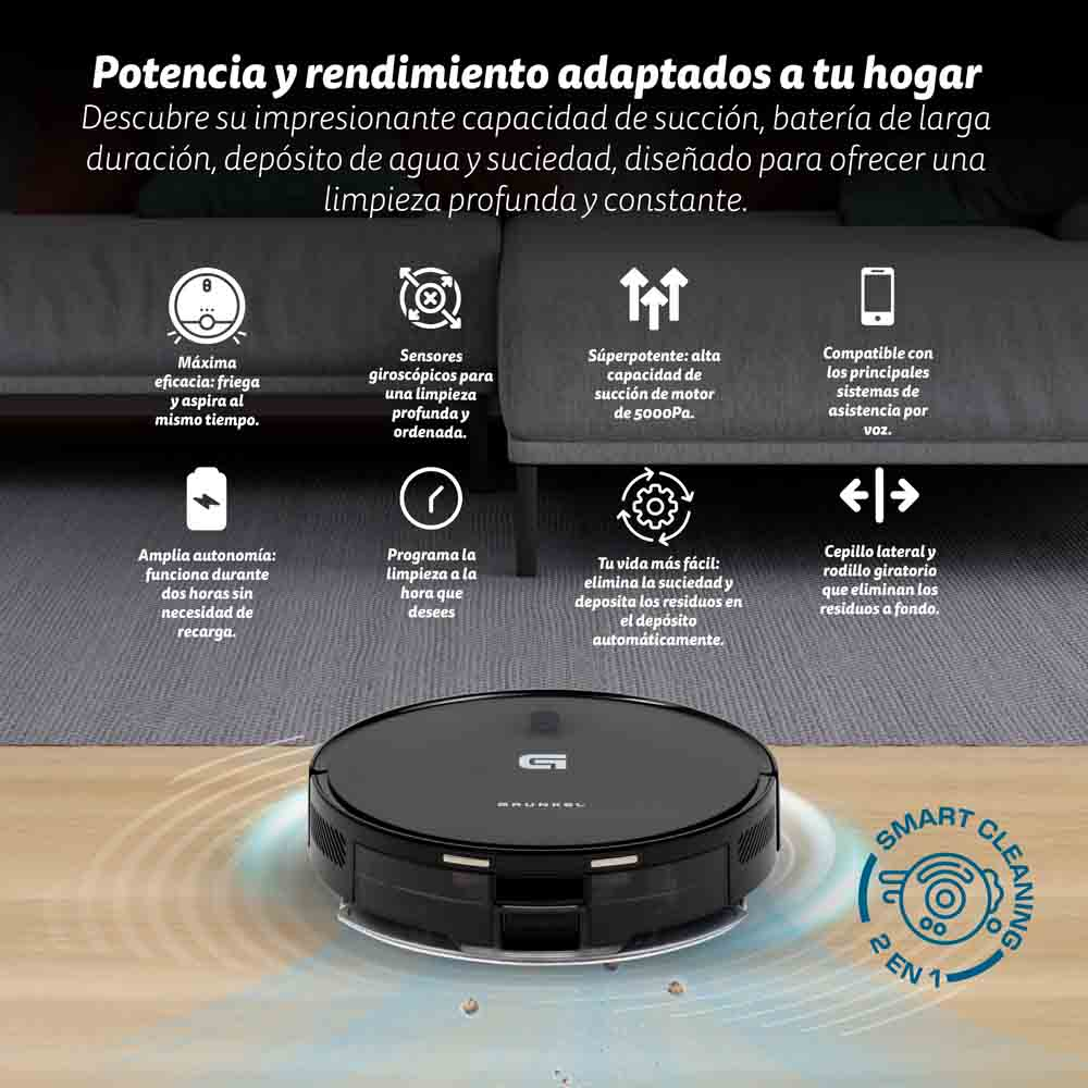 Un aspirapolvere robot nero con testo promozionale sulle sue caratteristiche.
