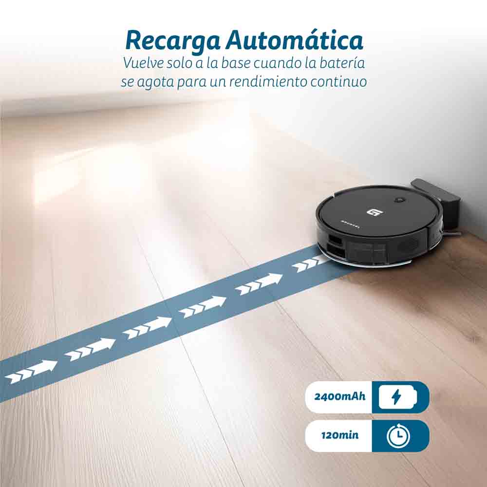 Aspiradora robot negra sobre suelo de madera, siguiendo un camino azul. Flechas blancas apuntan a la base.
