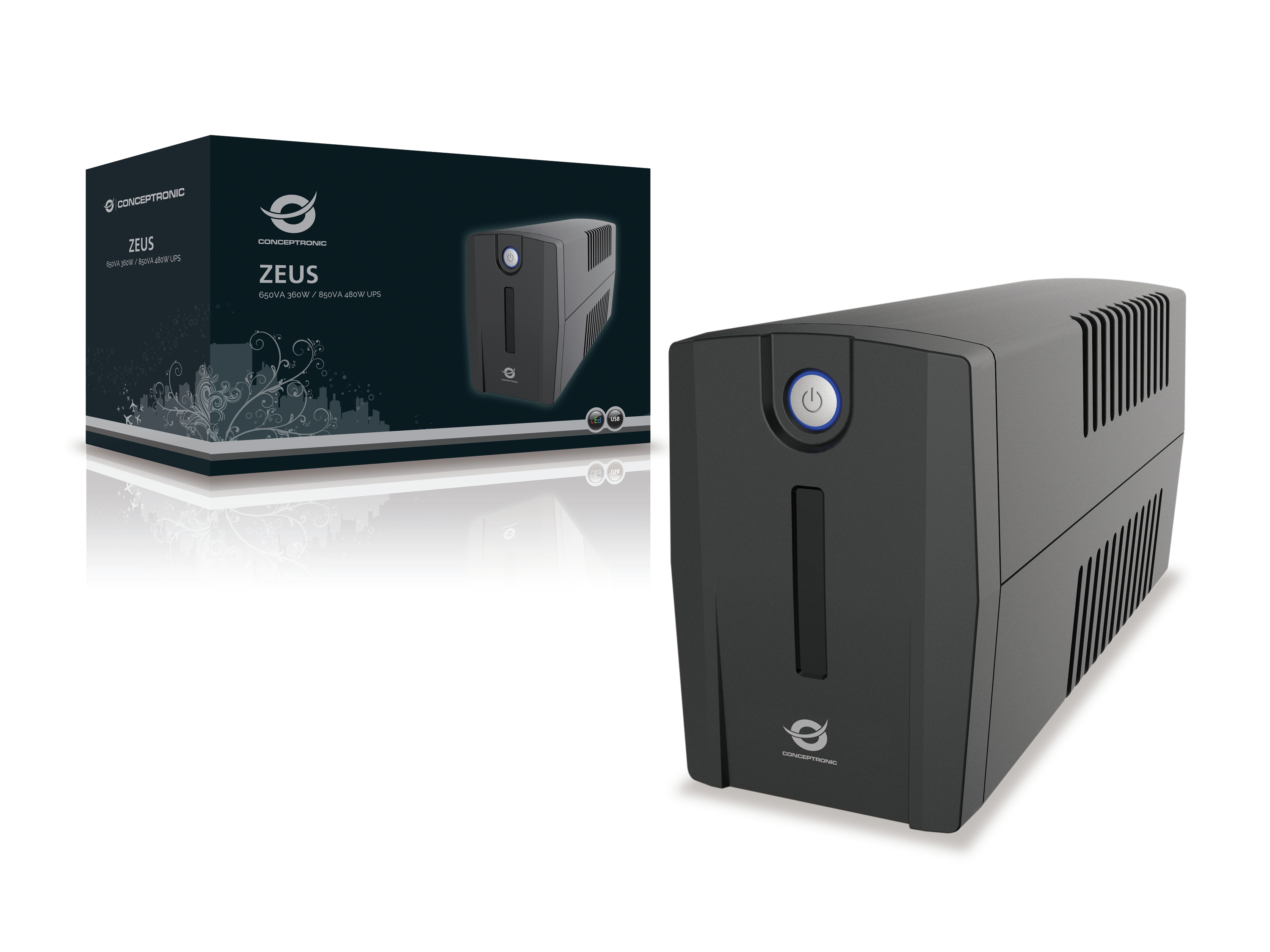 Primo piano del pulsante di accensione di un UPS nero con luce blu attorno al simbolo di alimentazione.