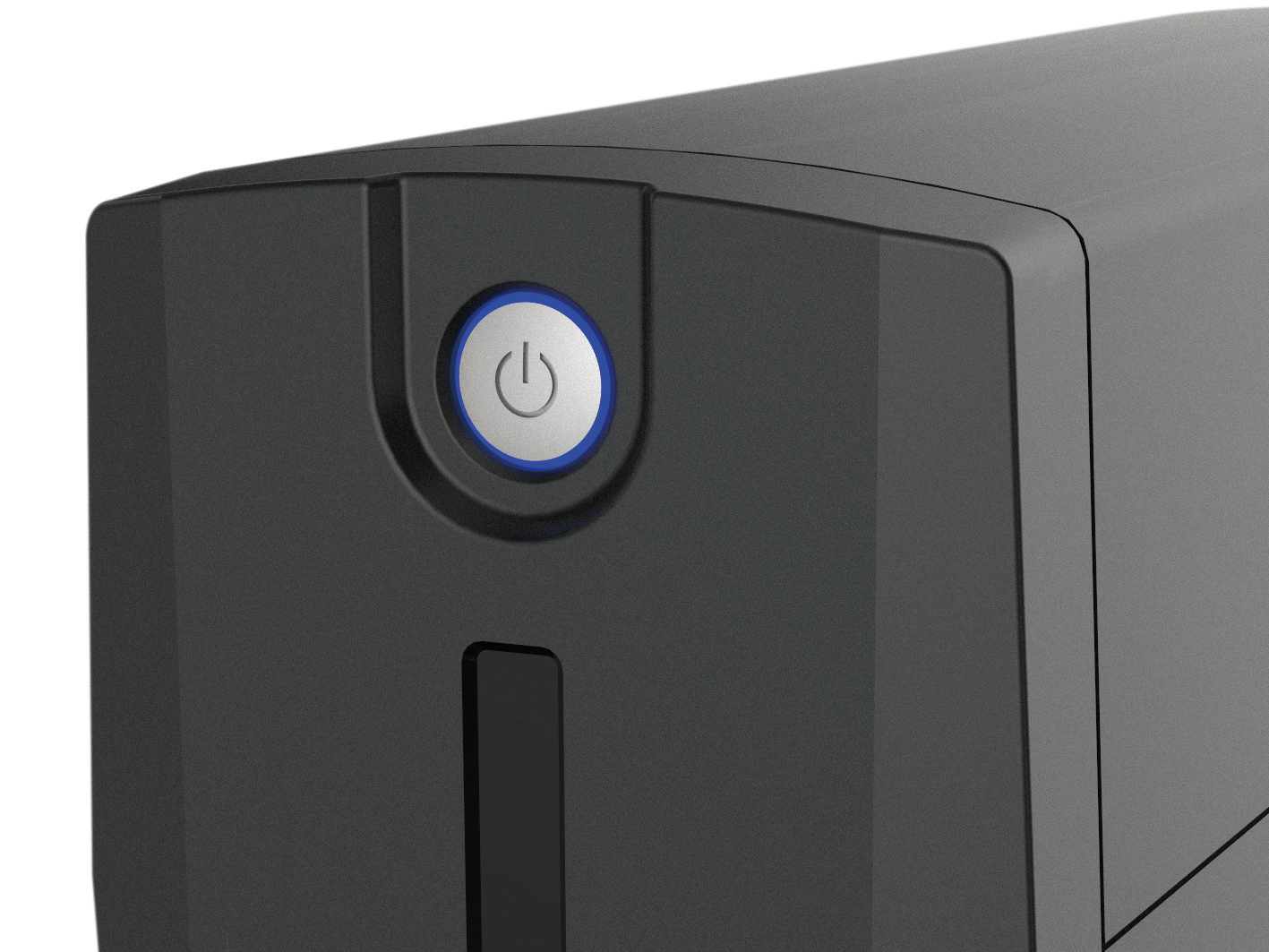 UPS Conceptronic Zeus nero con display e la sua scatola. L'UPS ha un pulsante di accensione.