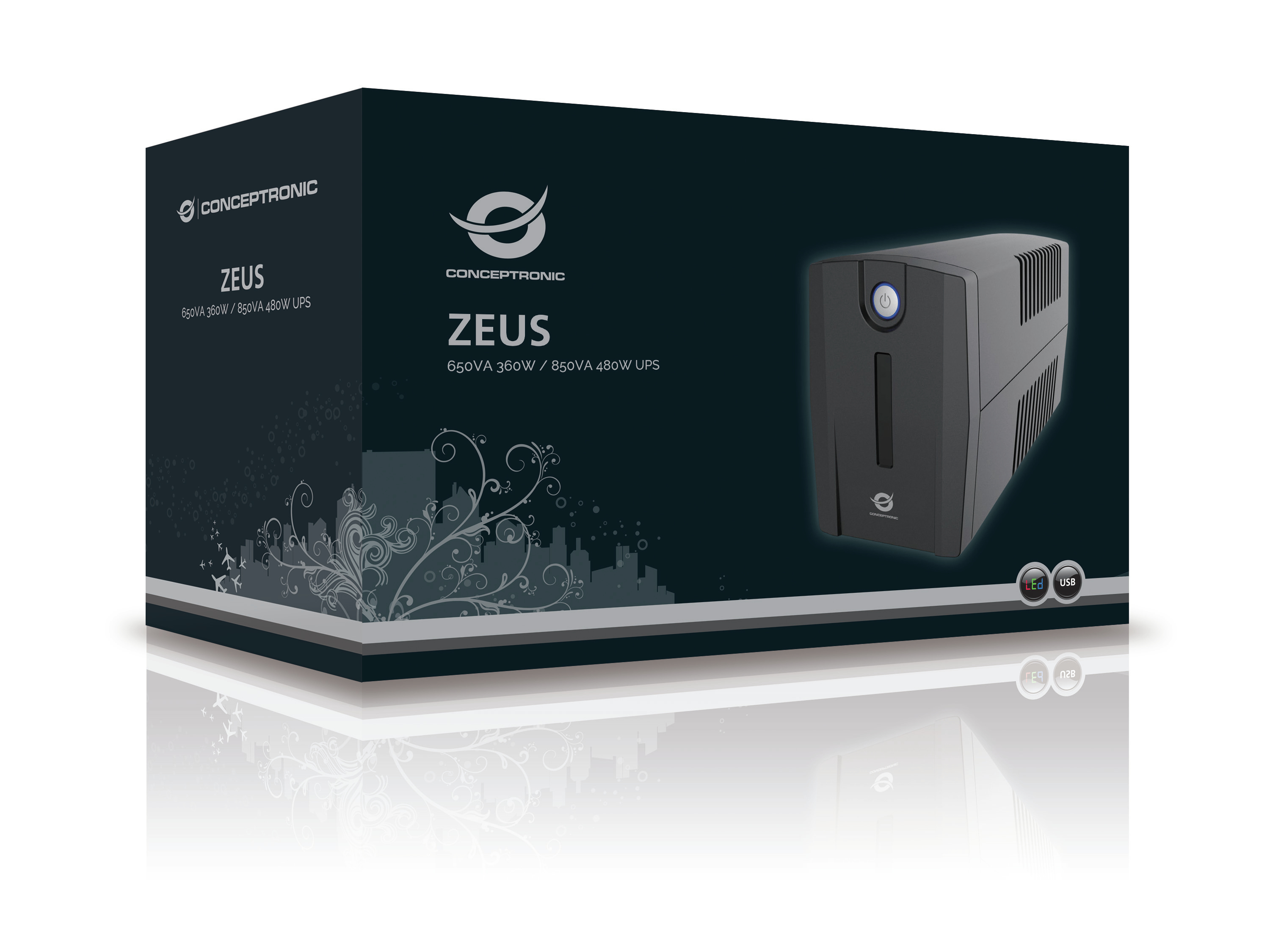 Scatola UPS Conceptronic con immagine Zeus UPS sul fronte, sfondo bianco.