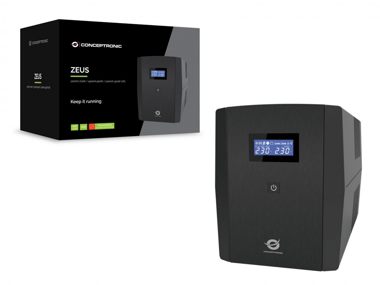 Il retro di un UPS nero con porte USB, IN, OUT, un interruttore e prese di corrente.