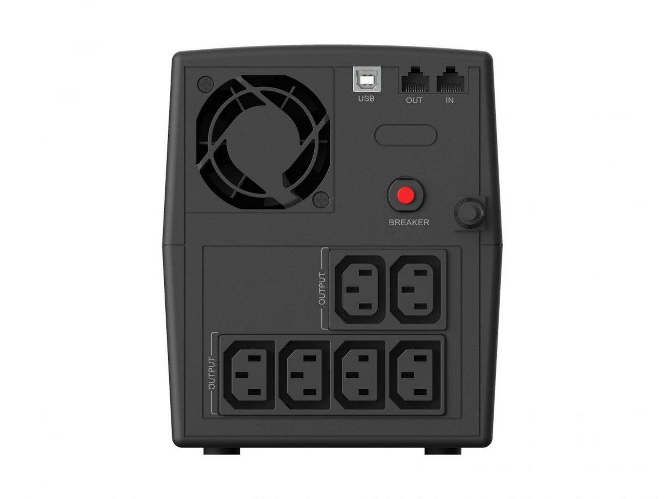 Primo piano del display di un UPS nero che mostra le letture della tensione e lo stato della batteria.