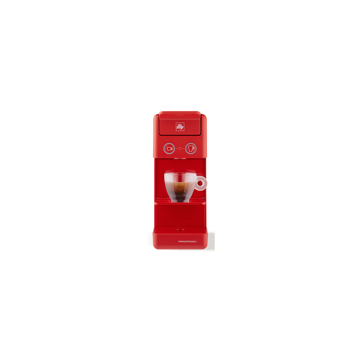 Una macchina da caffè illy iperEspresso rossa con un bicchiere di espresso all'interno.