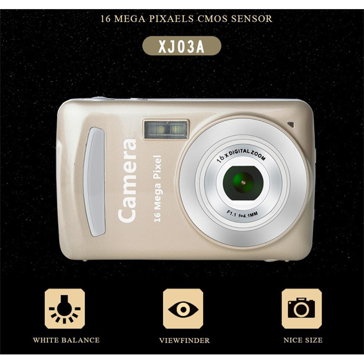A gold digital camera with a lens and flash, and text labels for features.