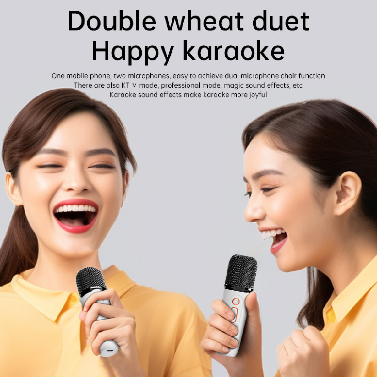 Twee vrouwen die lachen, elk met een microfoon, met de tekst: Double wheat duet, Happy karaoke.