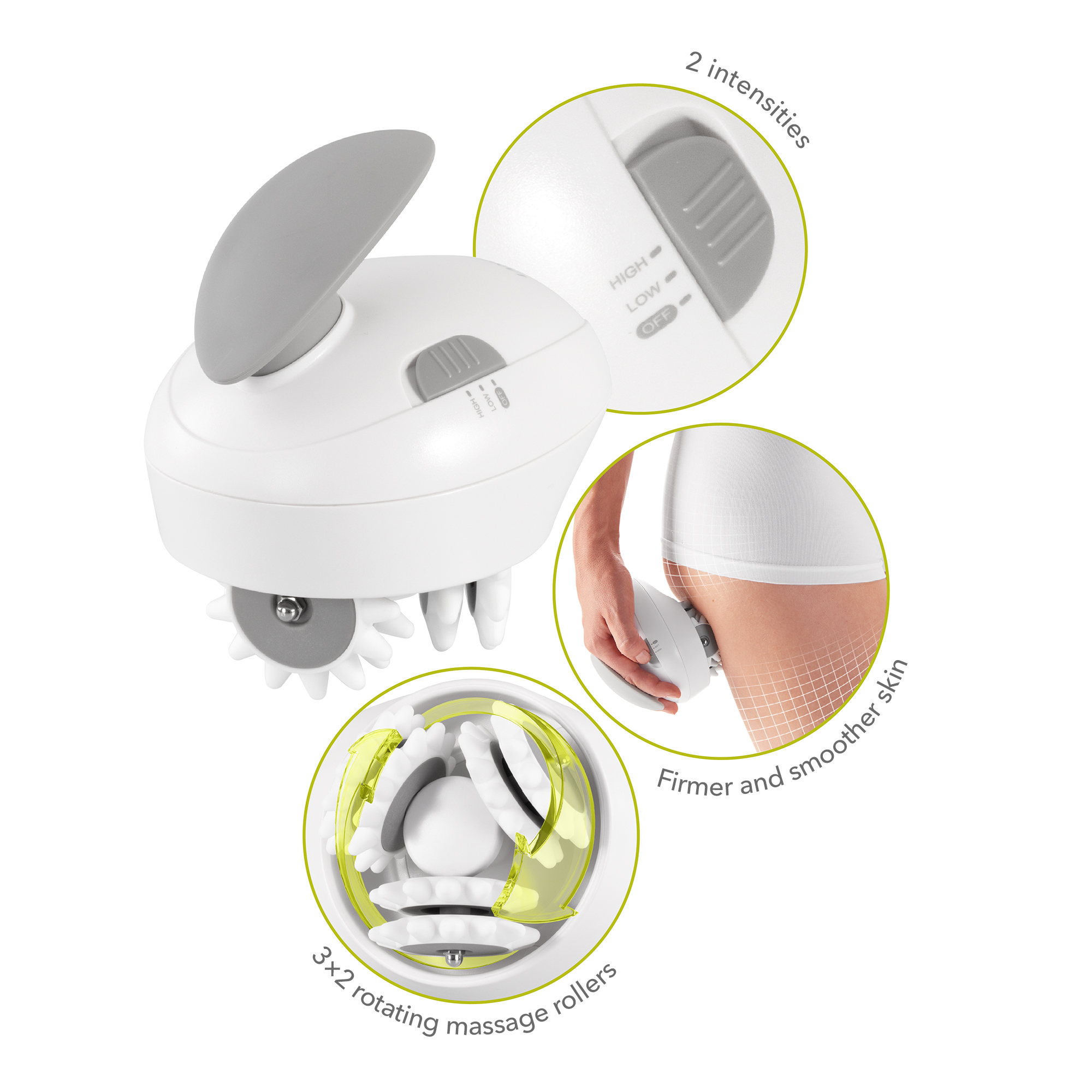 A white body massager with rotating rollers and intensity settings, illustrating its function.