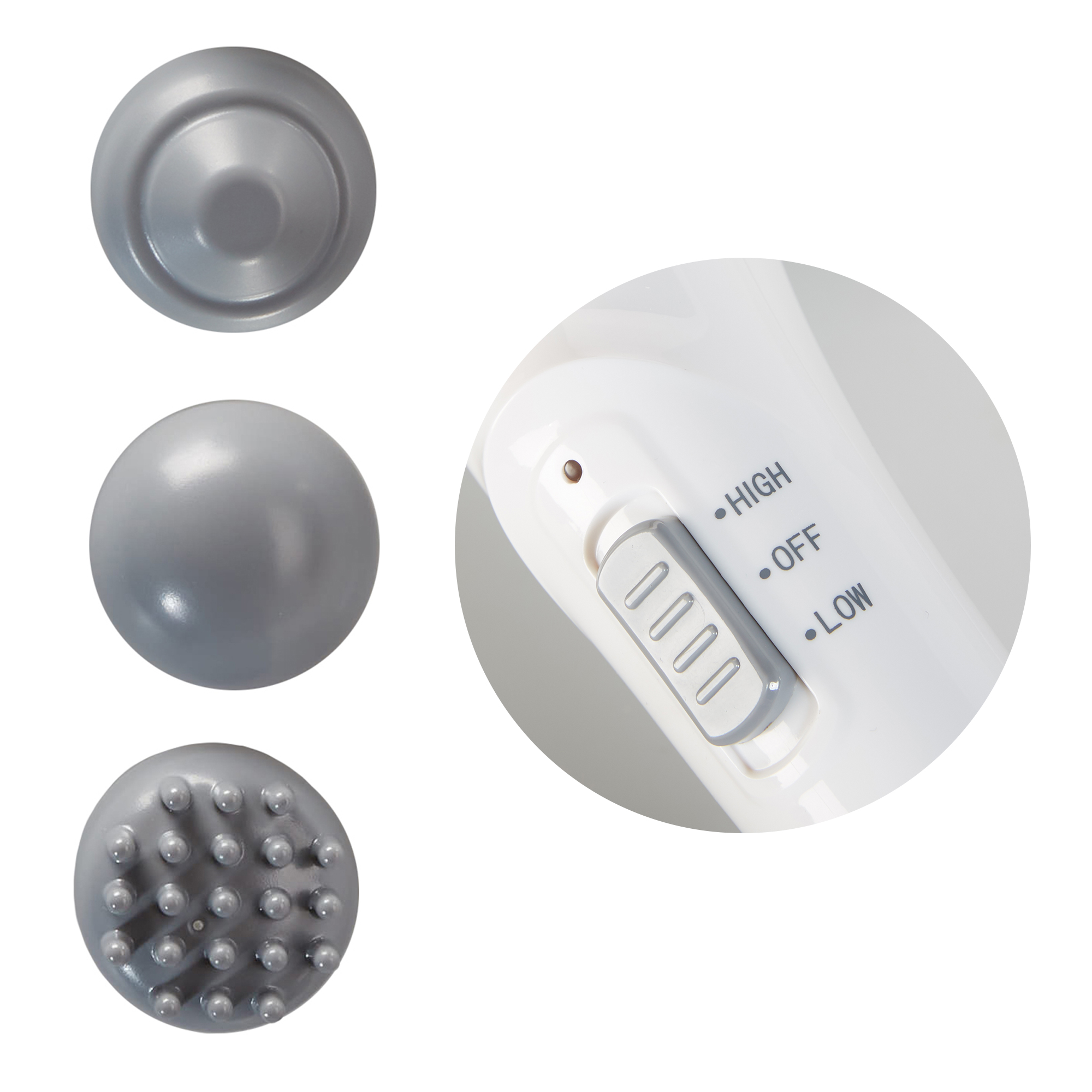 Massage head attachments and a control panel with settings for massage intensity.