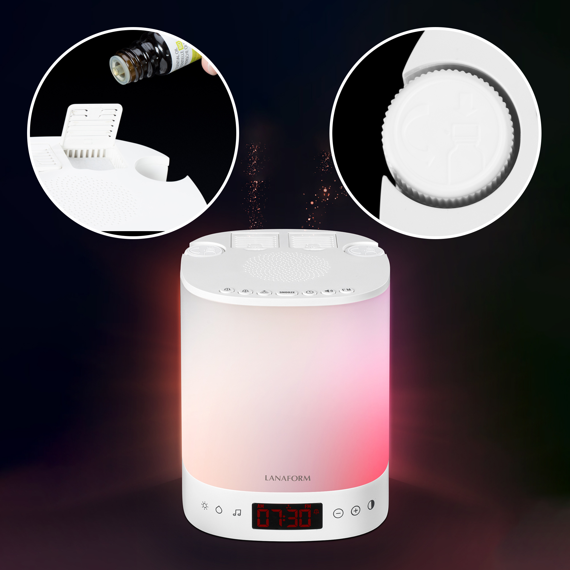 A white aromatherapy lamp with color-changing lights, a digital display, and oil being added.