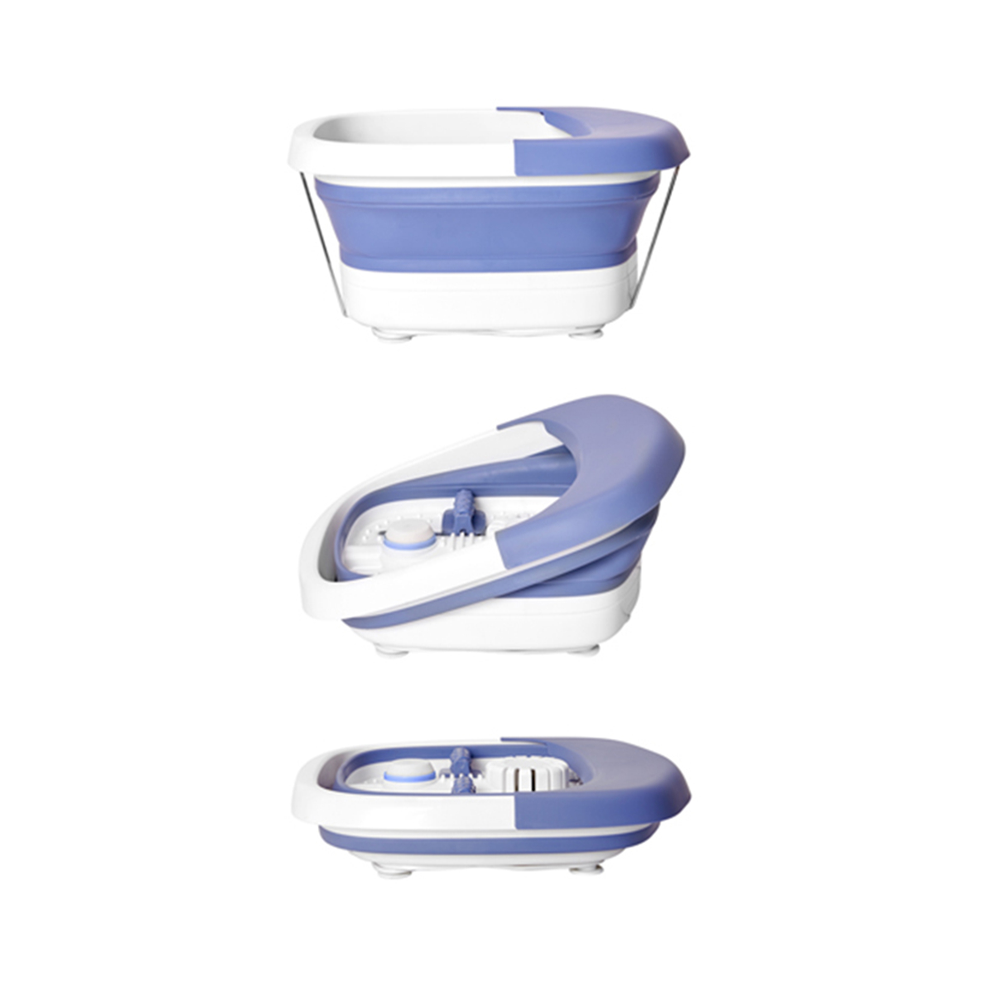 Foot spa in three positions, folded, partially opened, fully open.