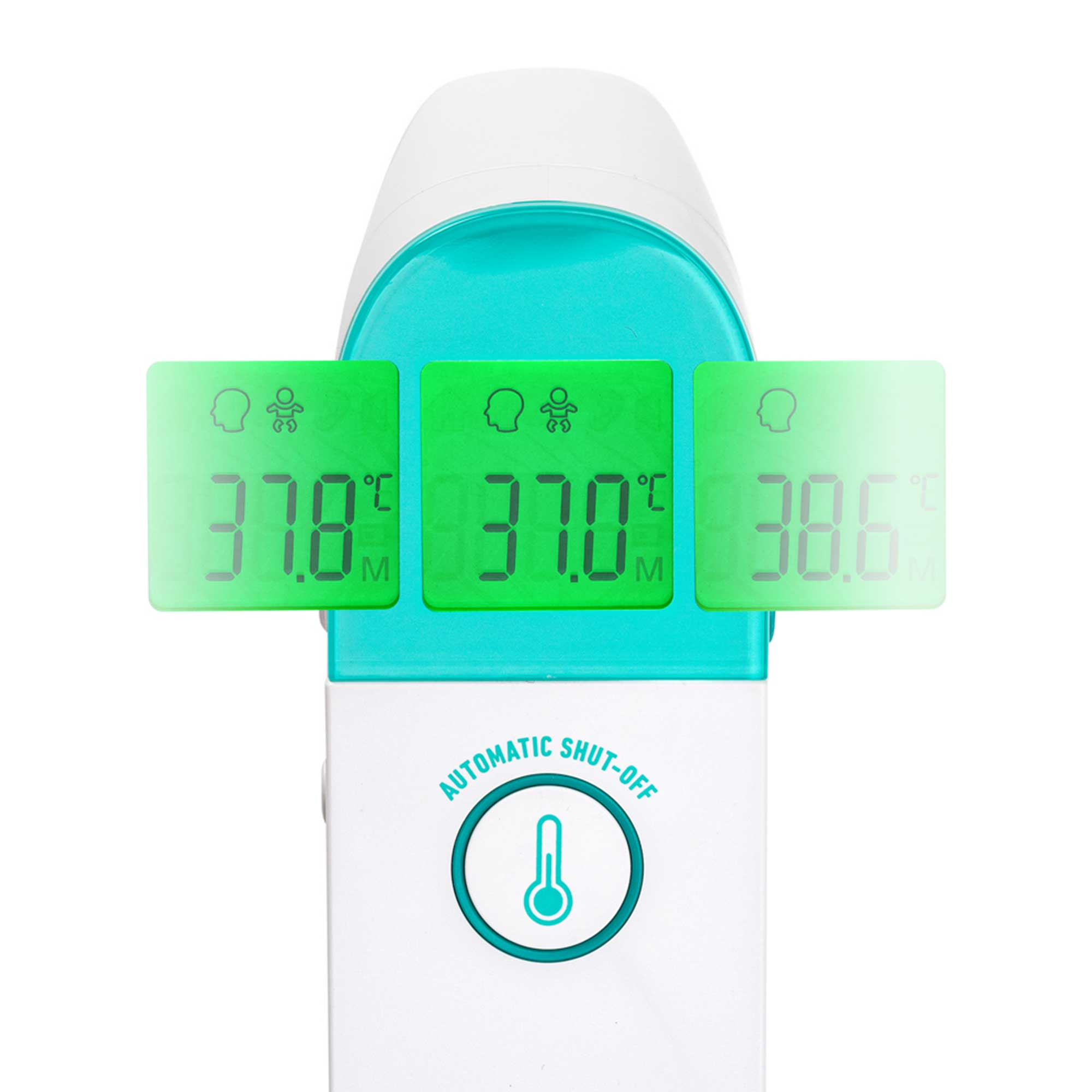 Ein Thermometer mit 37,0, 37,8 und 38,6 Grad Celsius. Es hat eine automatische Abschaltfunktion.