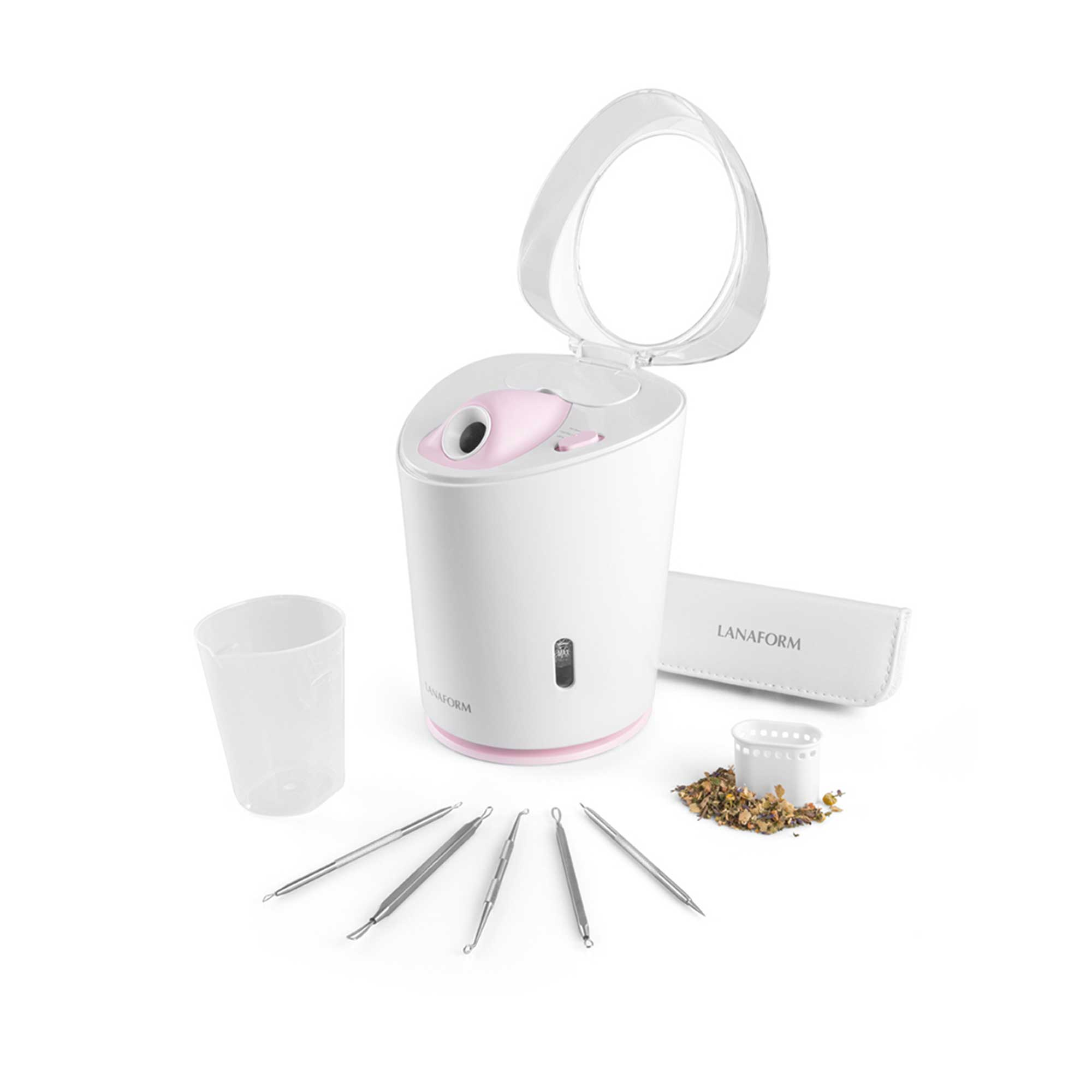Facial steamer with accessories, a cup and tools.