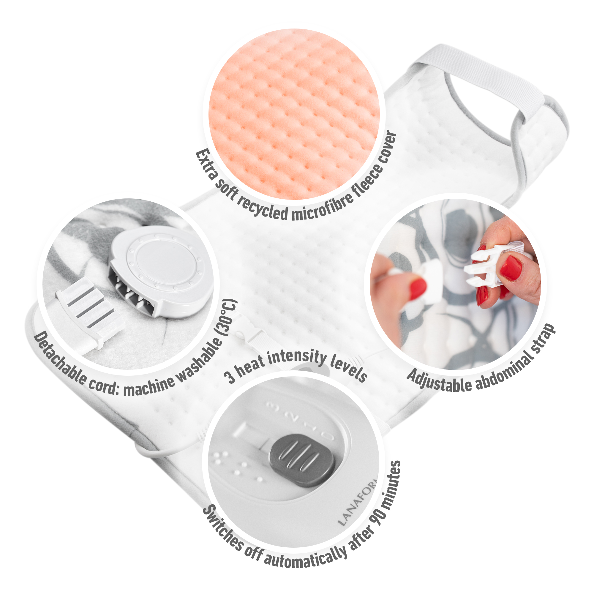 Biała podkładka grzewcza z odpinanym kablem, 3 poziomami grzania i regulowanym pasem brzucha. Zbliżenie.