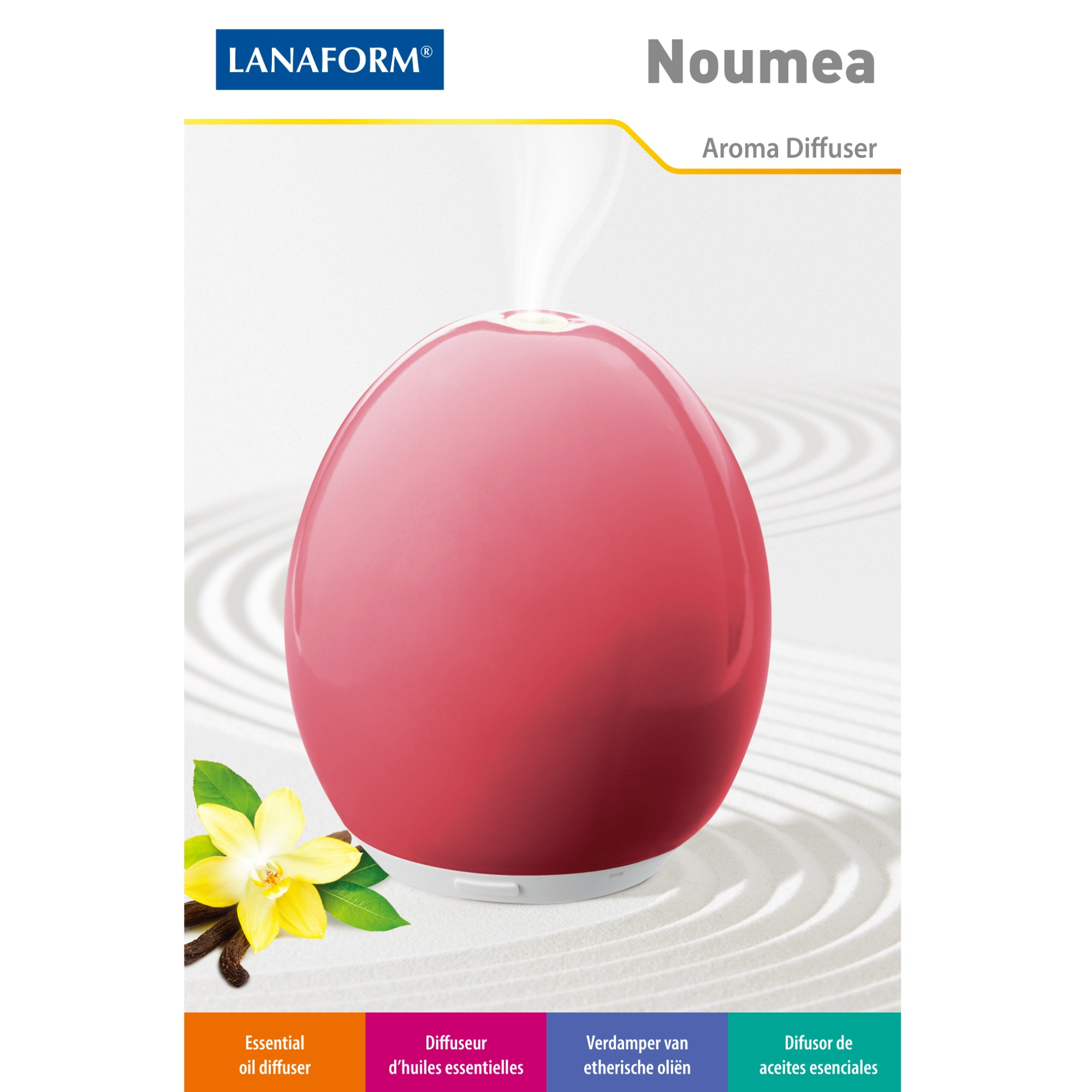 Pink aroma diffuser with logo and text in English, French, Dutch, and Spanish.