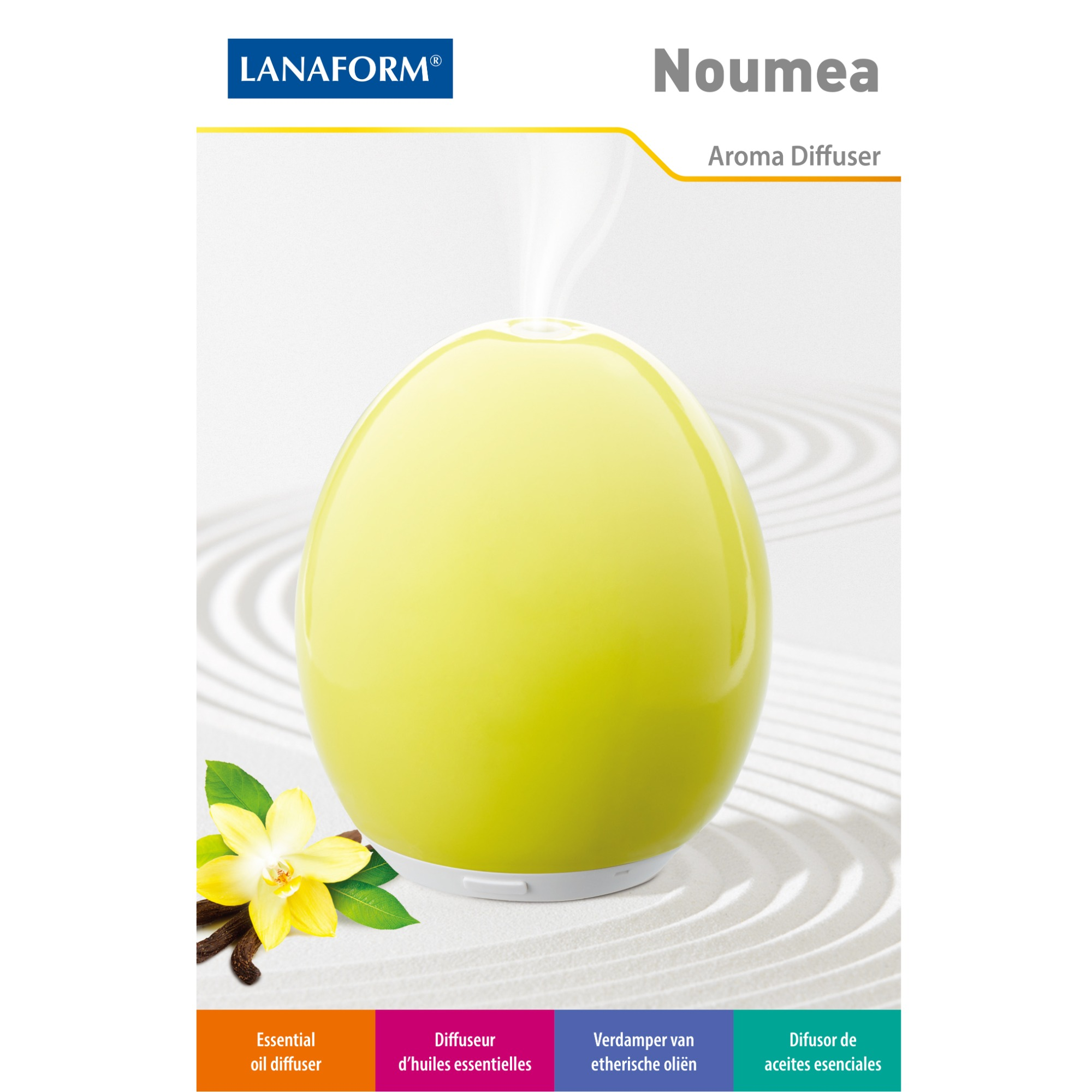 Diffuseur jaune en forme d'œuf avec vapeur blanche. Une fleur de vanille et des bouteilles d'huiles sont en bas.