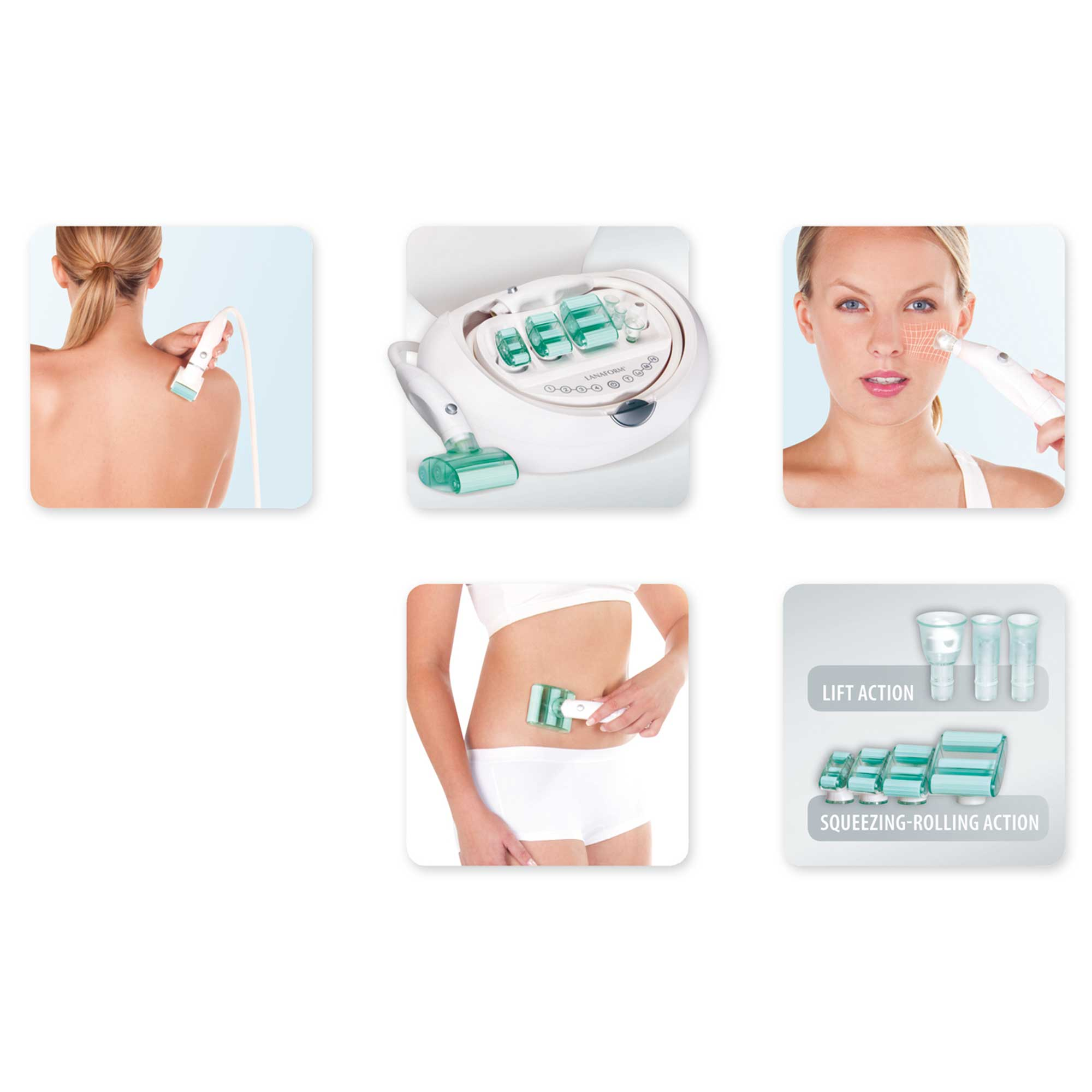 An image showing various views of a white beauty device being used on different body areas.