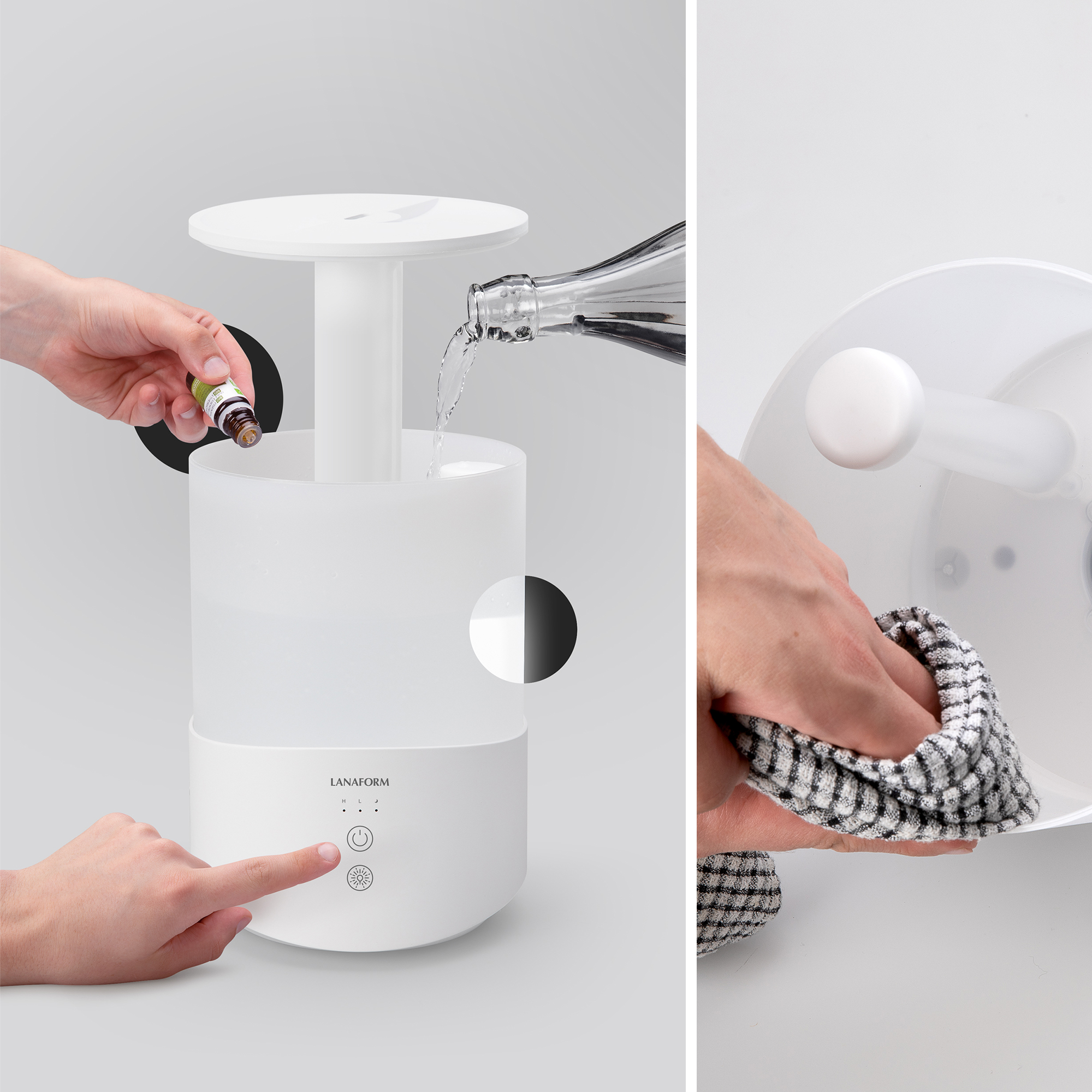 Weißer Luftbefeuchter, Hand gießt Wasser ein und eine andere tropft hinzu.