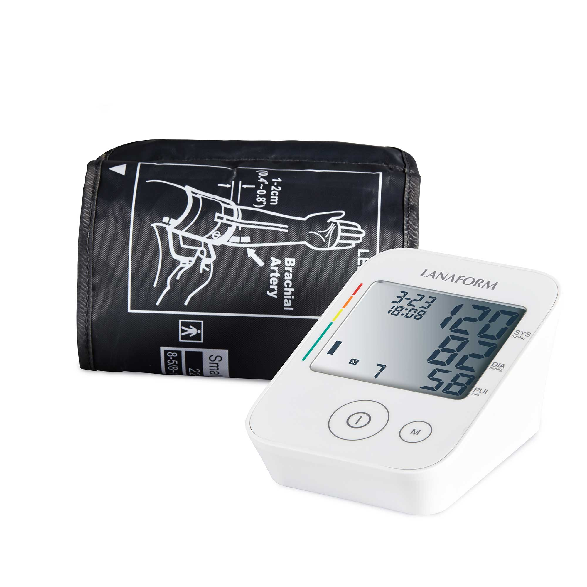 Ein Blutdruckmessgerät mit Manschette und Display. Das Display zeigt Messwerte an.