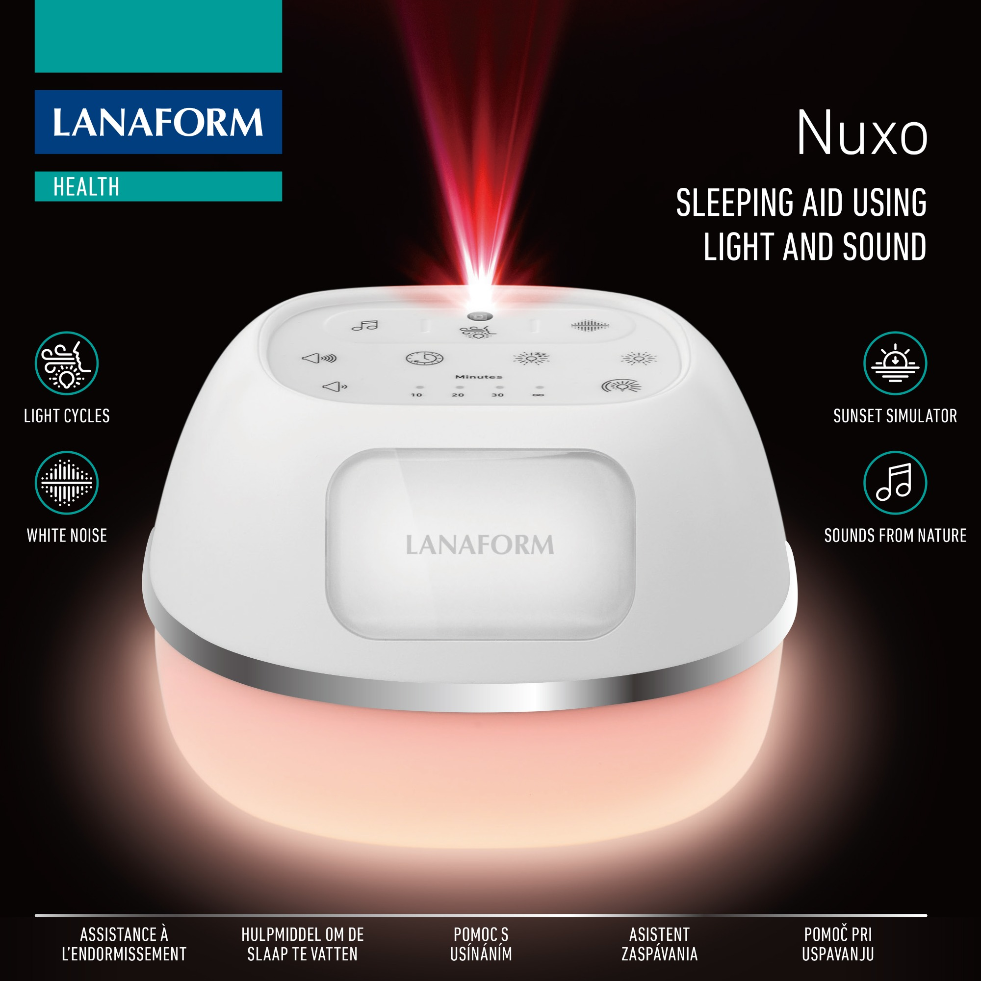 White sleeping aid device with light and sound features, and text in multiple languages.