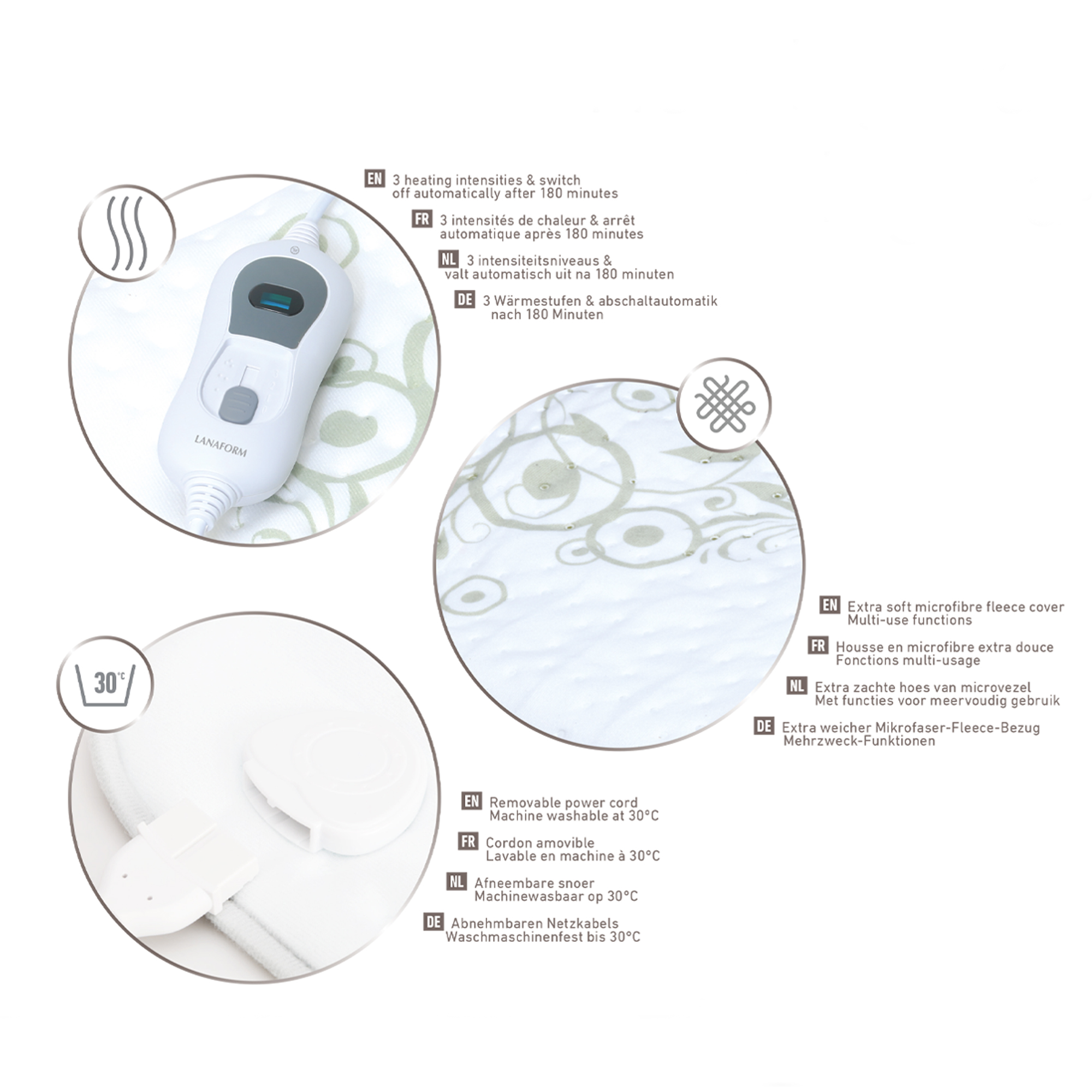 Panel sterowania podkładką grzewczą z tekstem wielojęzycznym.