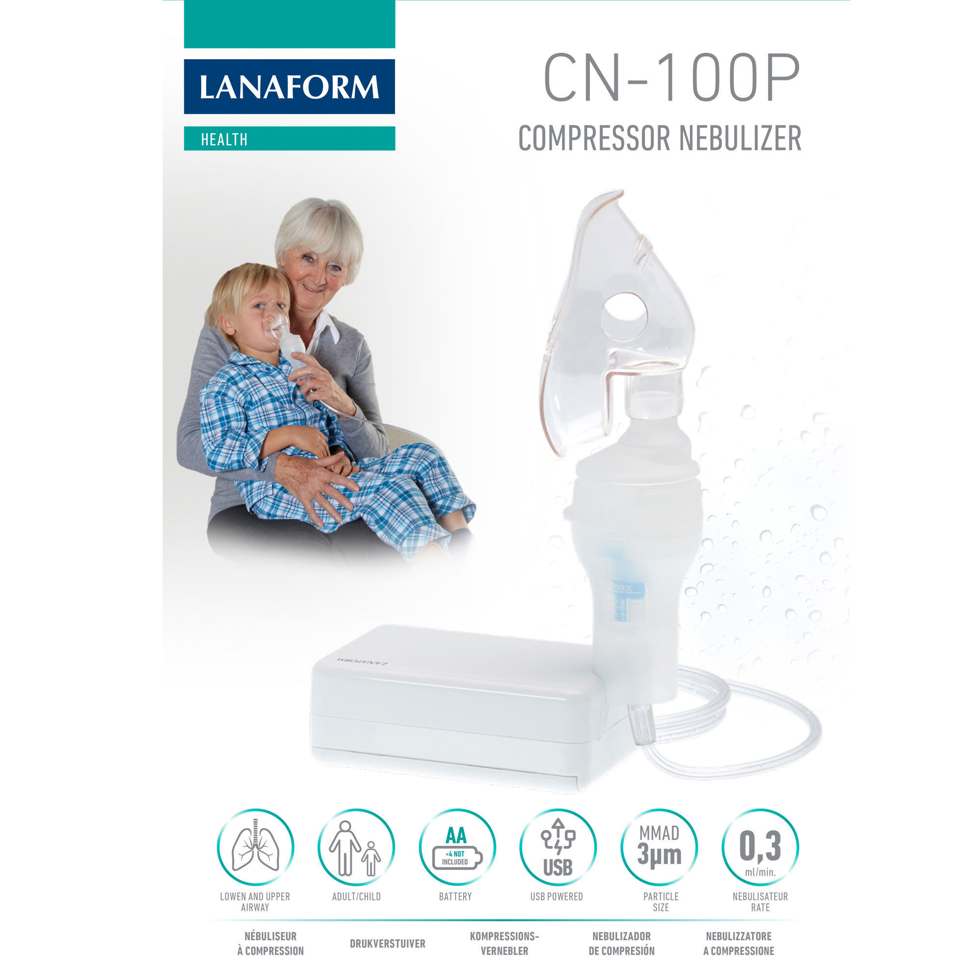 Kompressor-Vernebler mit Kind- und Erwachsenen-Symbolen, USB-betrieben. Weiße Maschine, klare Maske, Text.
