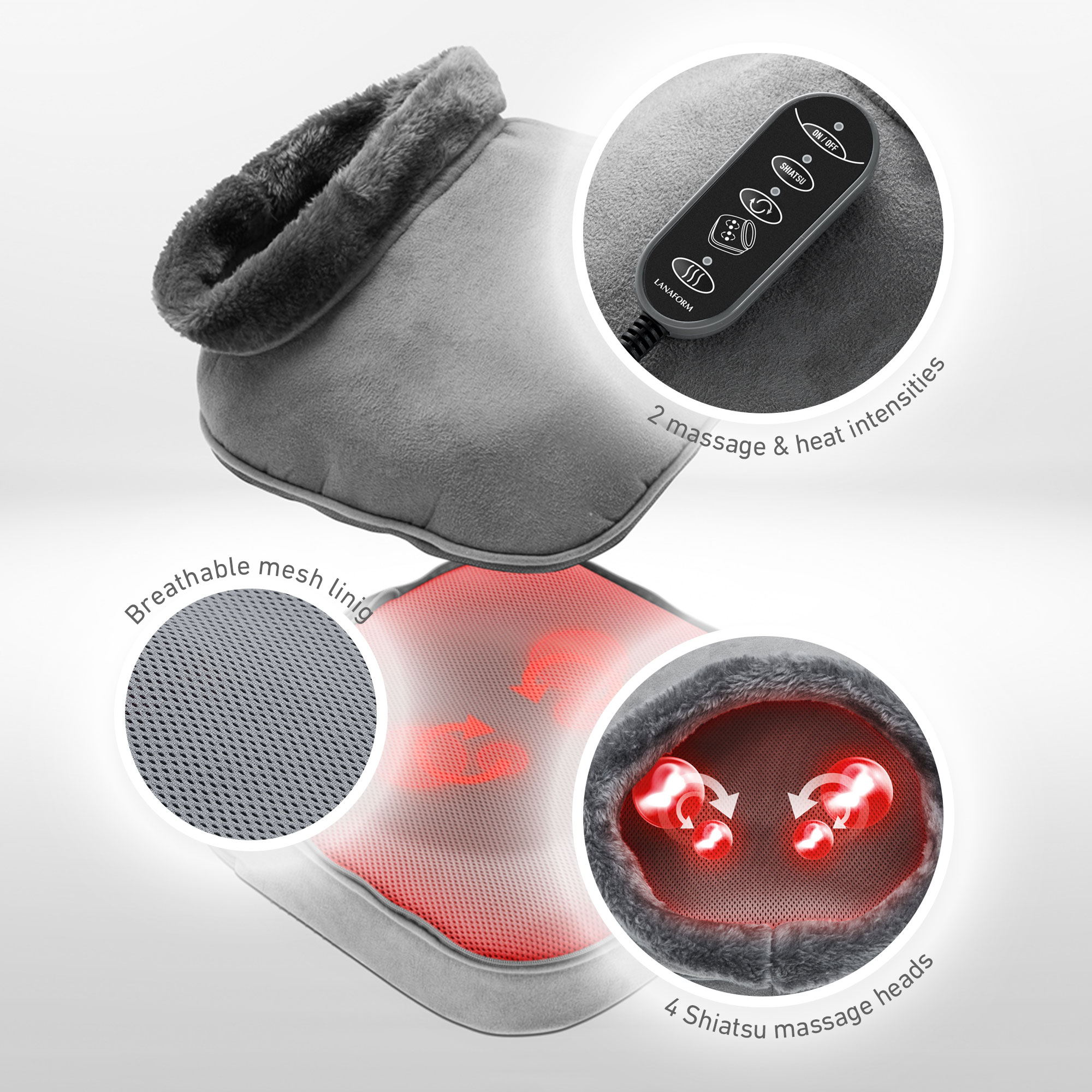 Heated foot massager with breathable mesh lining, 4 shiatsu massage heads, and 2 heat/massage intensities.