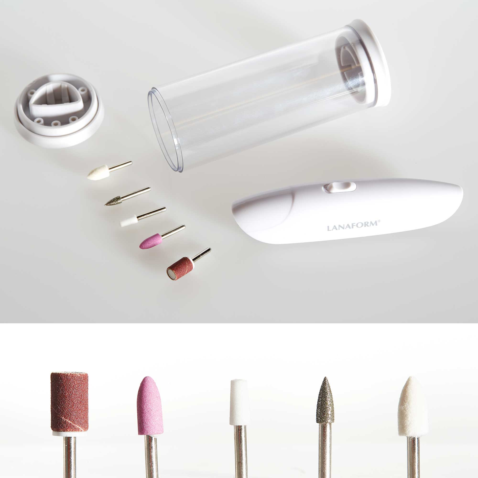 Frezarka do paznokci z akcesoriami. Zawiera frezarkę, przezroczystą tubę i różne końcówki.