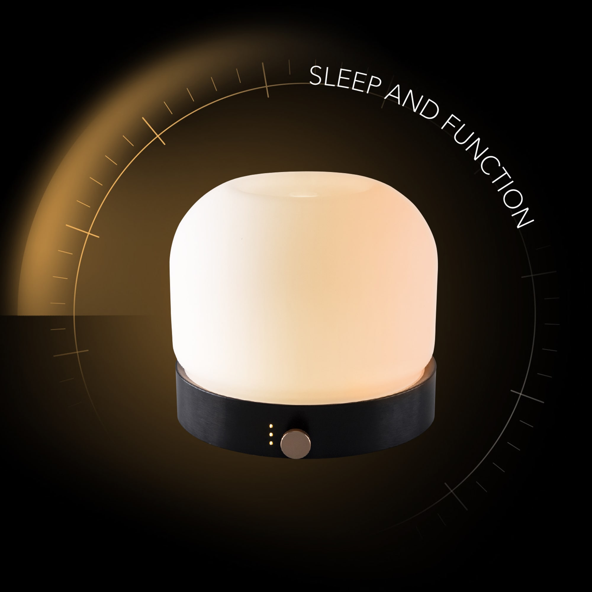 Black and white sleep and function lamp. Circular shape, with a golden glow, and three control buttons.