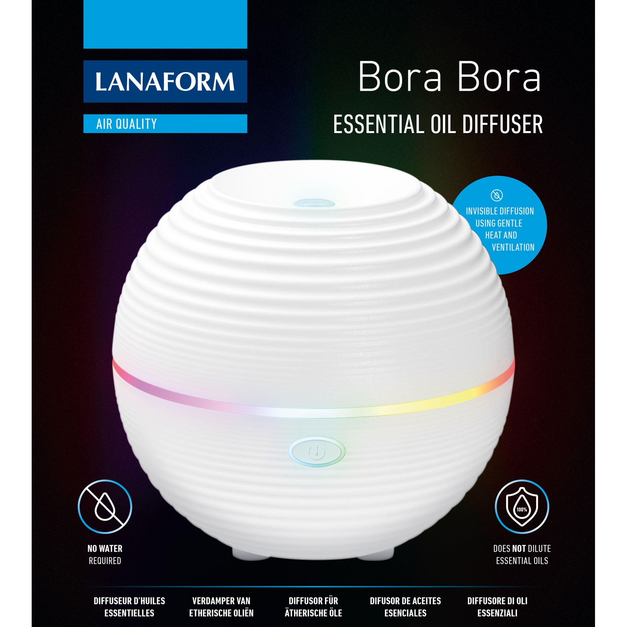 White essential oil diffuser with a wavy design. Text: Bora Bora, Essential Oil Diffuser.