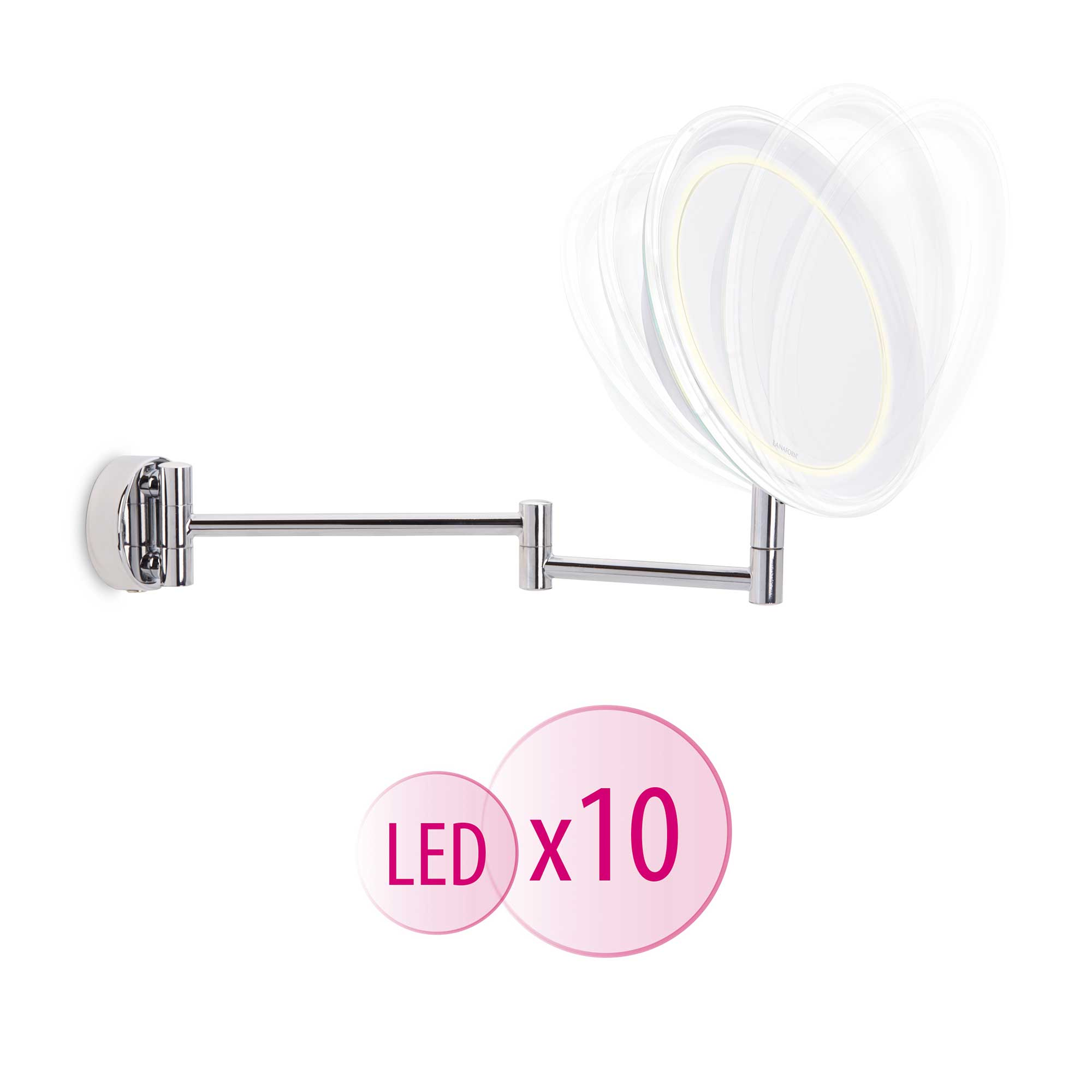 Wandspiegel mit LED-Leuchten, silberner Rahmen.