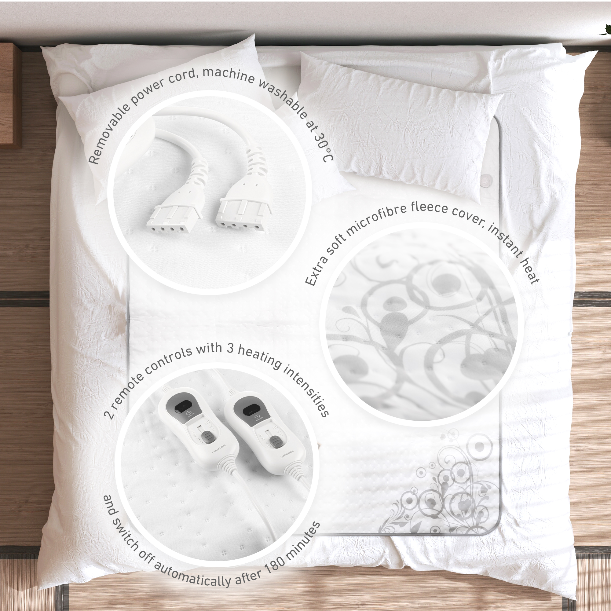 Biała prześcieradło z 2 pilotami, 3 poziomami grzania i 2 sterowaniami. Bardzo miękka osłona z polaru.