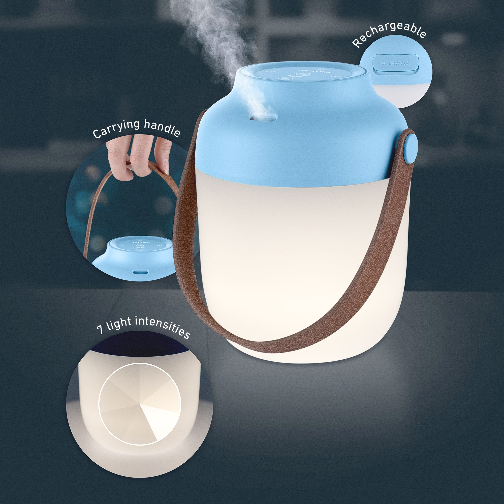 Blue and white portable lamp with a carrying handle, rechargeable, and 7 light intensities. Close-up detail.