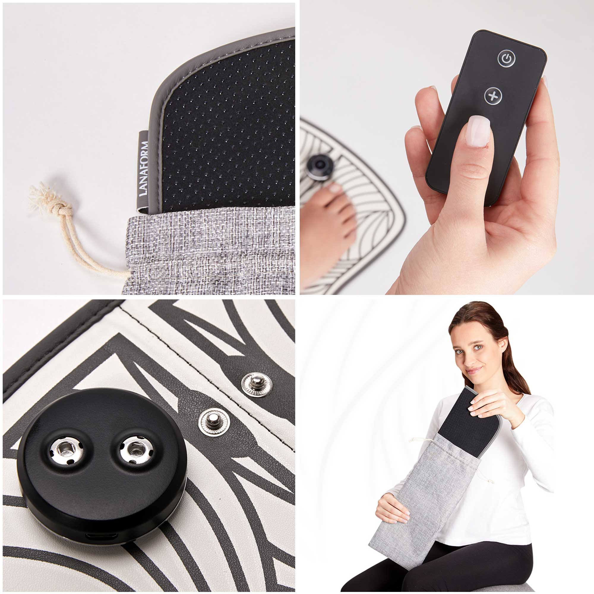 Afbeeldingen tonen een voetmassager, afstandsbediening en details. Een vrouw houdt de tas van de massager vast.