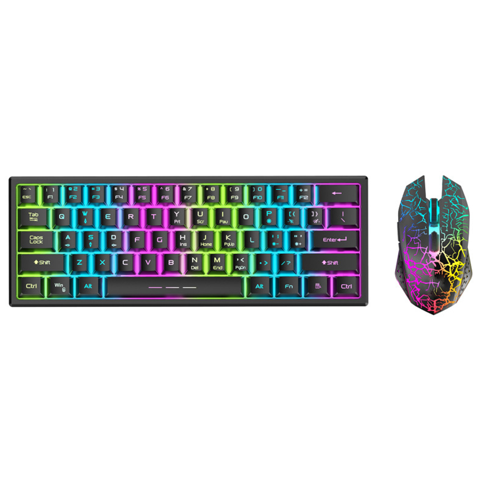 Eine schwarze Tastatur und eine farbenfrohe Maus, die mit verschiedenen Farben beleuchtet werden, auf weißem Hintergrund.